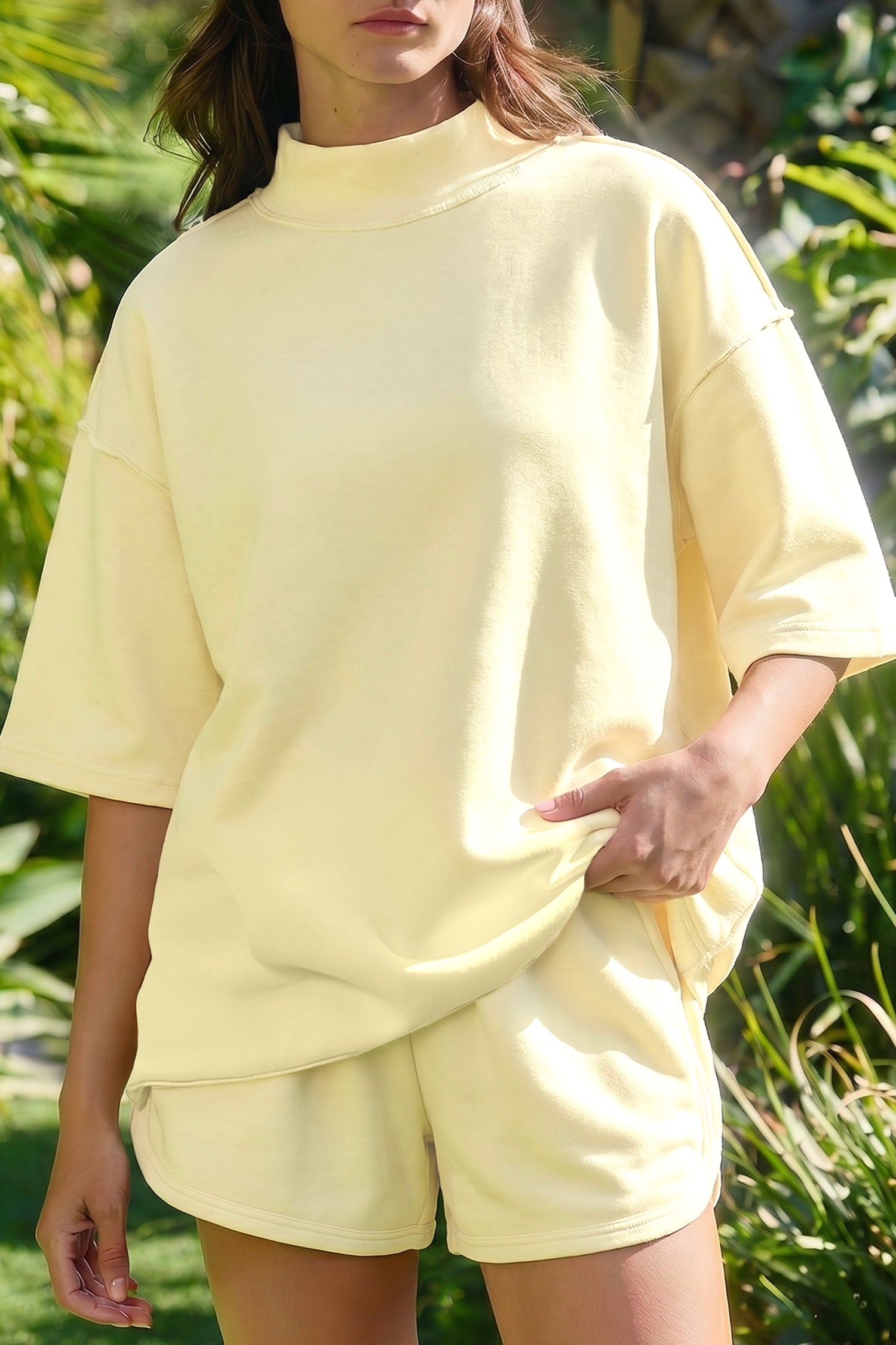 Light Pink Solid Color Exposed Seam Mock Neck Oversize Tee Casual Shorts 2pcs Outfit