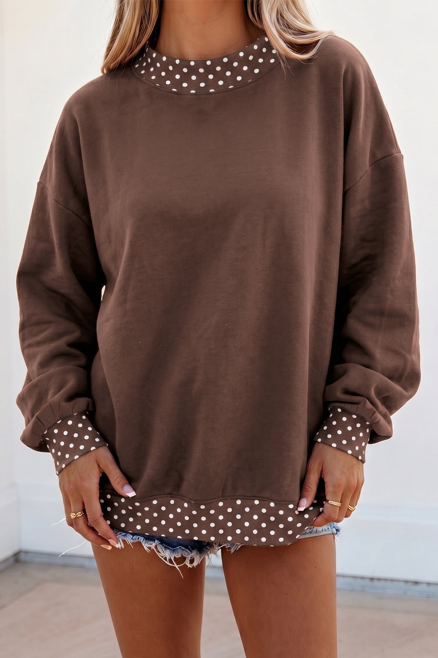 Red Colorblock Polka Dot Contrast Trim Oversized Sweatshirt