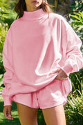 Light Pink High Neck Exposed Seam Drop Shoulder Baggy Pullover Short Set
