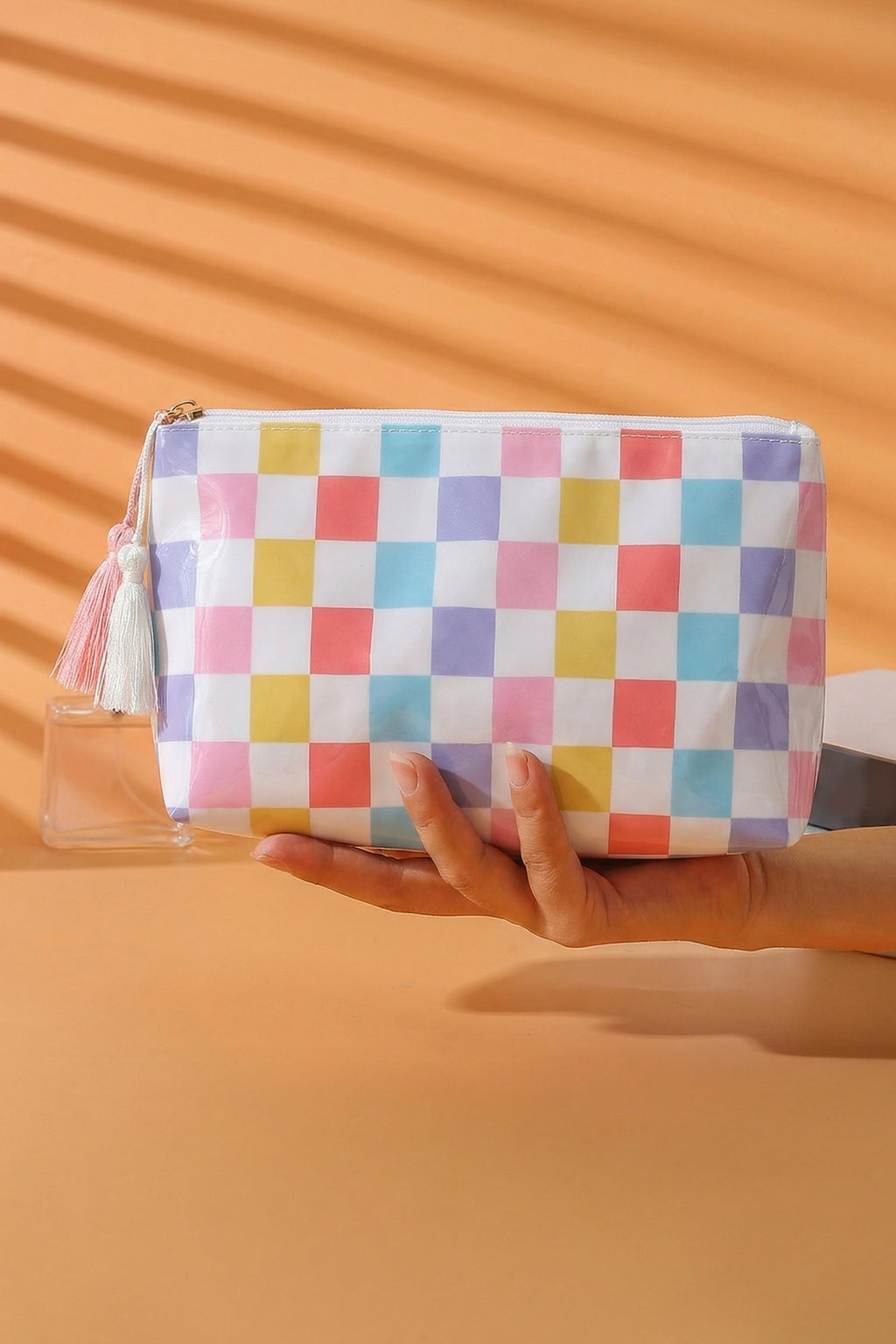 Light Pink Striped Vinyl Waterproof Tassel Zipper Makeup Bag