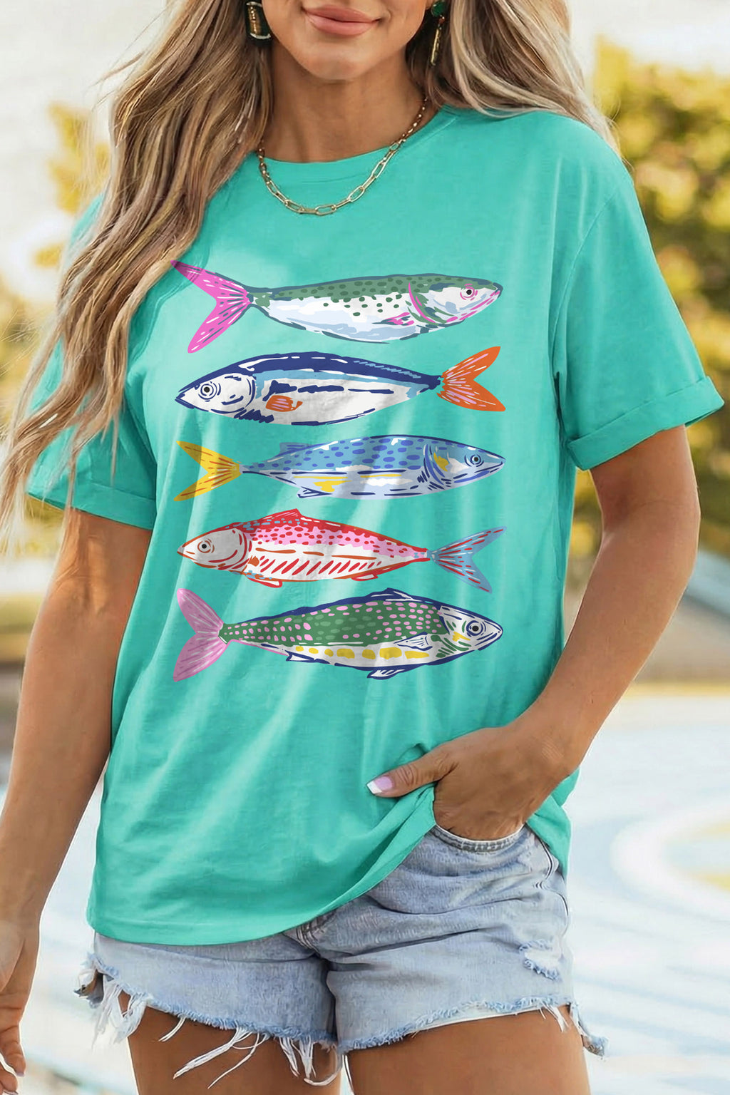 Mint Green Vibrant Fish Print Casual Short Sleeve T Shirt