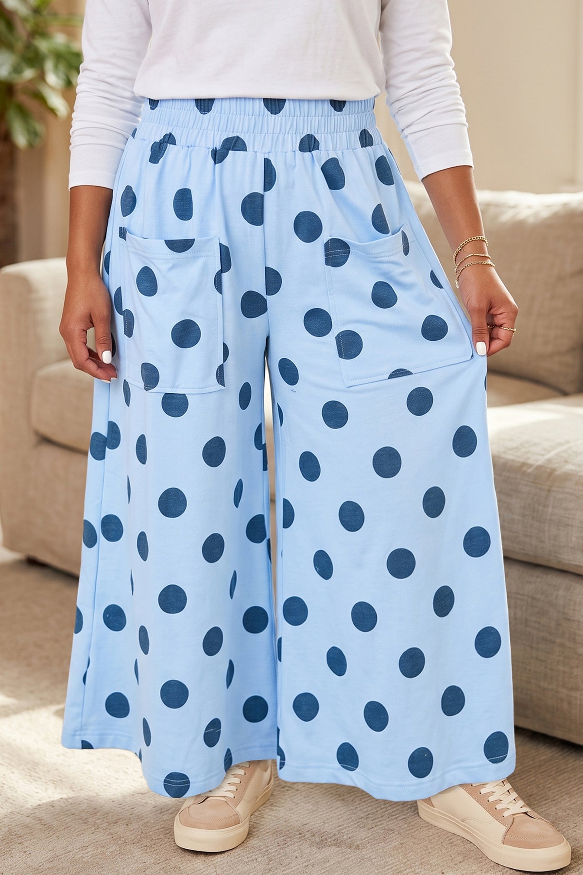 Brown Polka Dot Elastic Waist Wide Leg Plus Size Pants