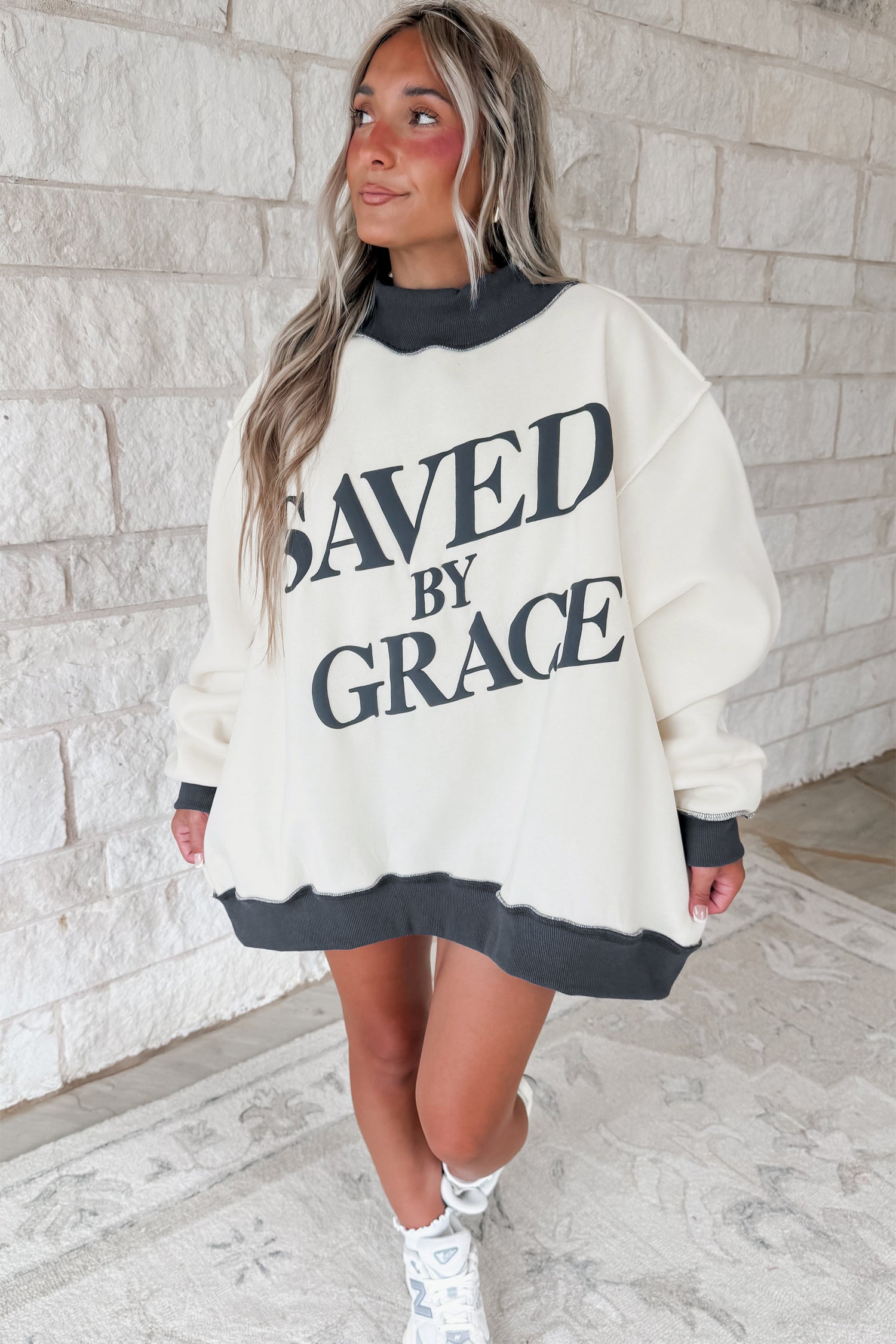 Beige Saved By Grace Print Color Block Mock Neck Oversized Sweatshirt