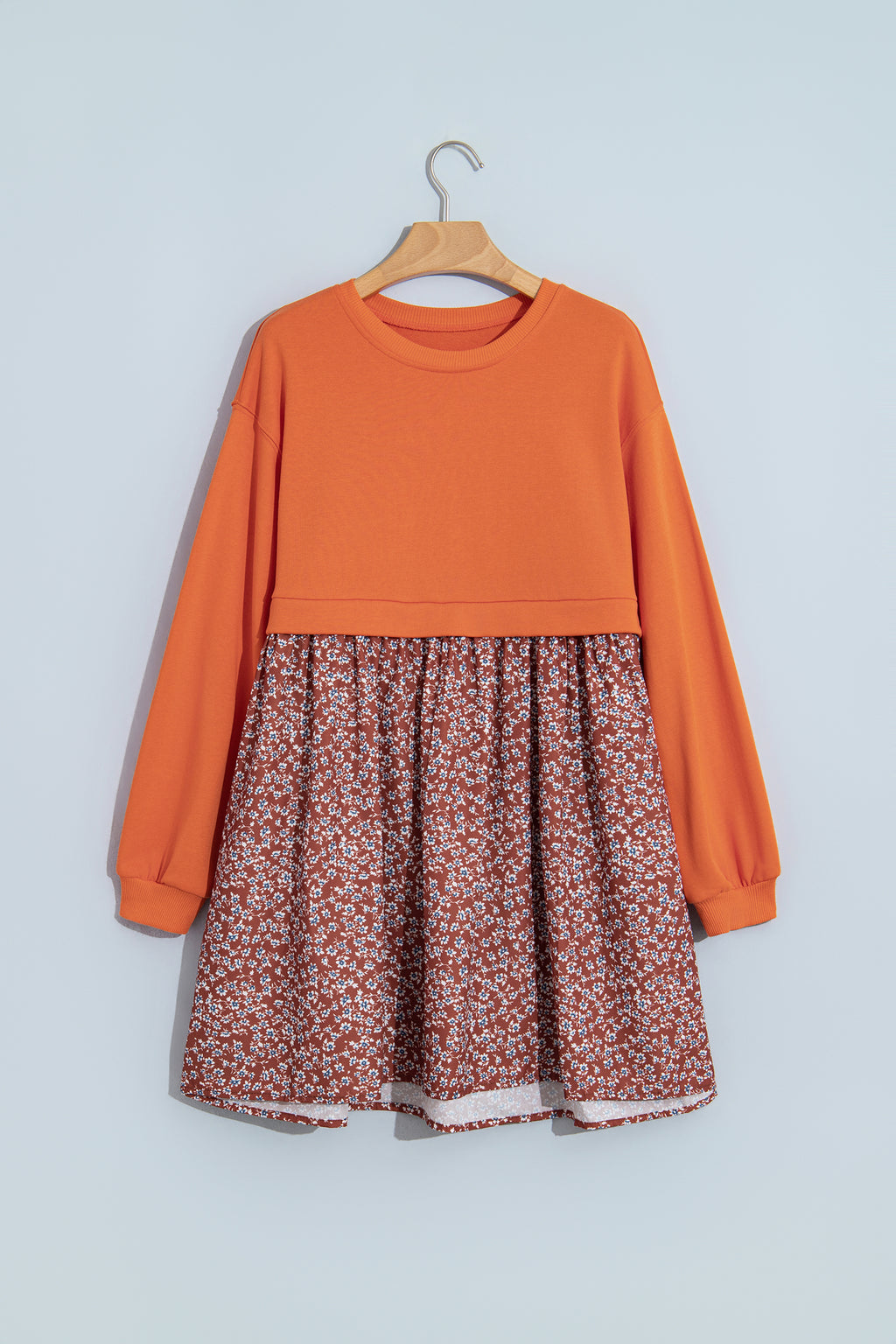 Orange Solid Long Sleeve Top Patchwork Floral Flared 2-in-1 Mini Dress