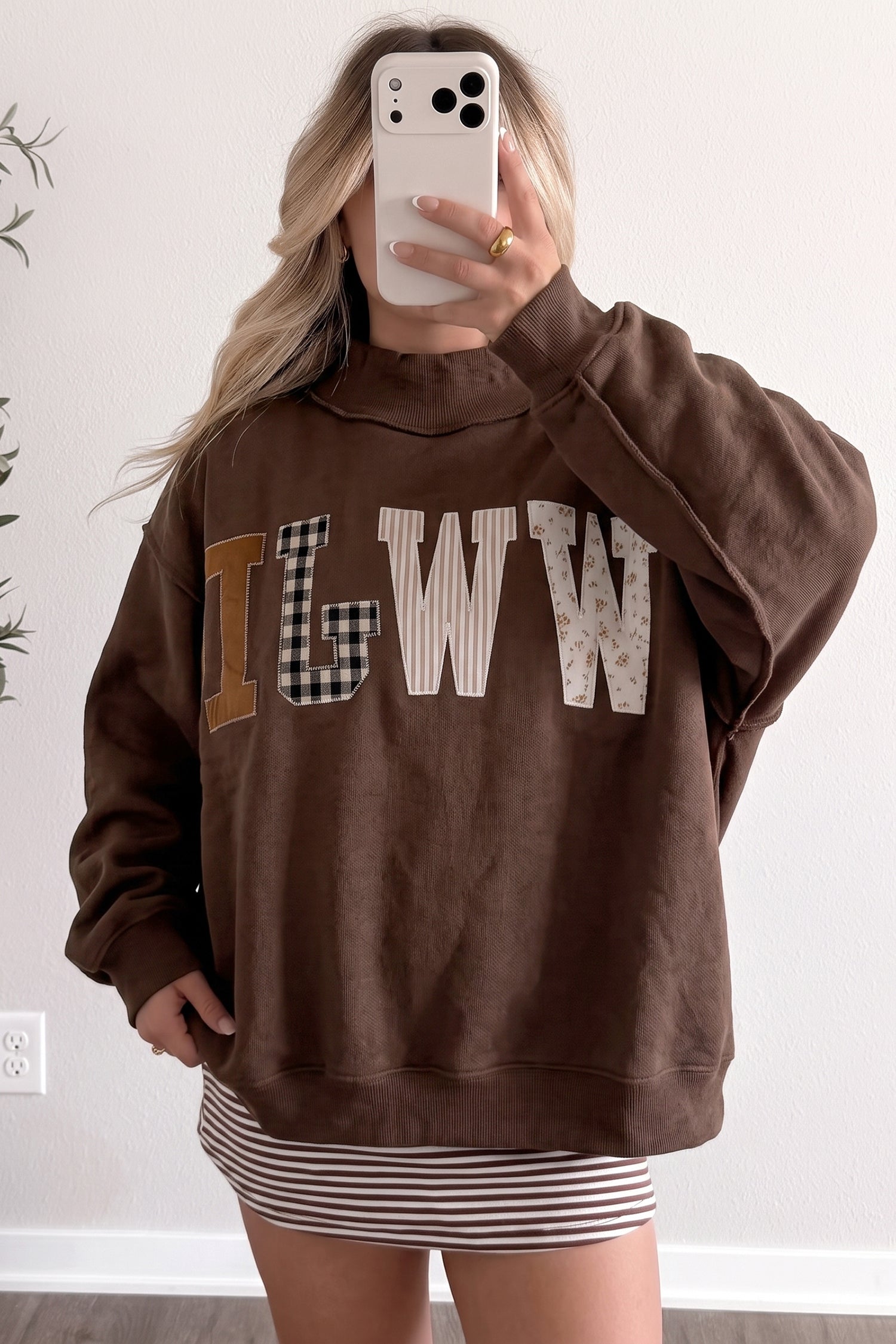 Bonbon WWJD Mixed Pattern Embroidered Patch Graphic Mock Neck Sweatshirt