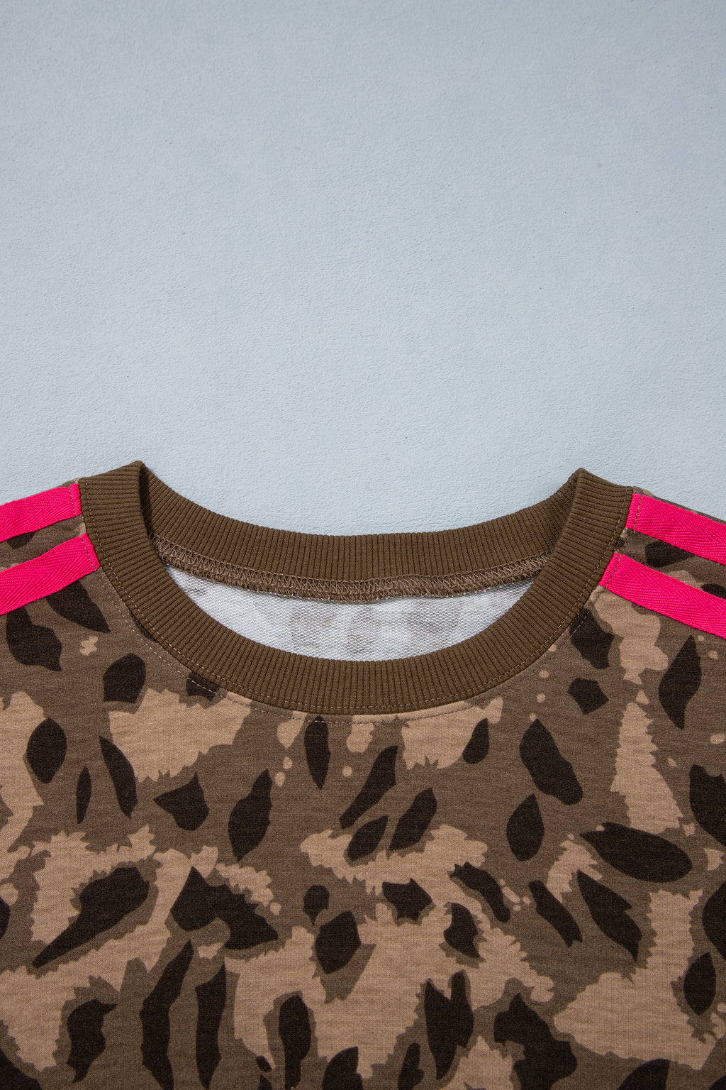 Brown Leopard Print Striped Detail Relaxed Pullover Sweatshirt
