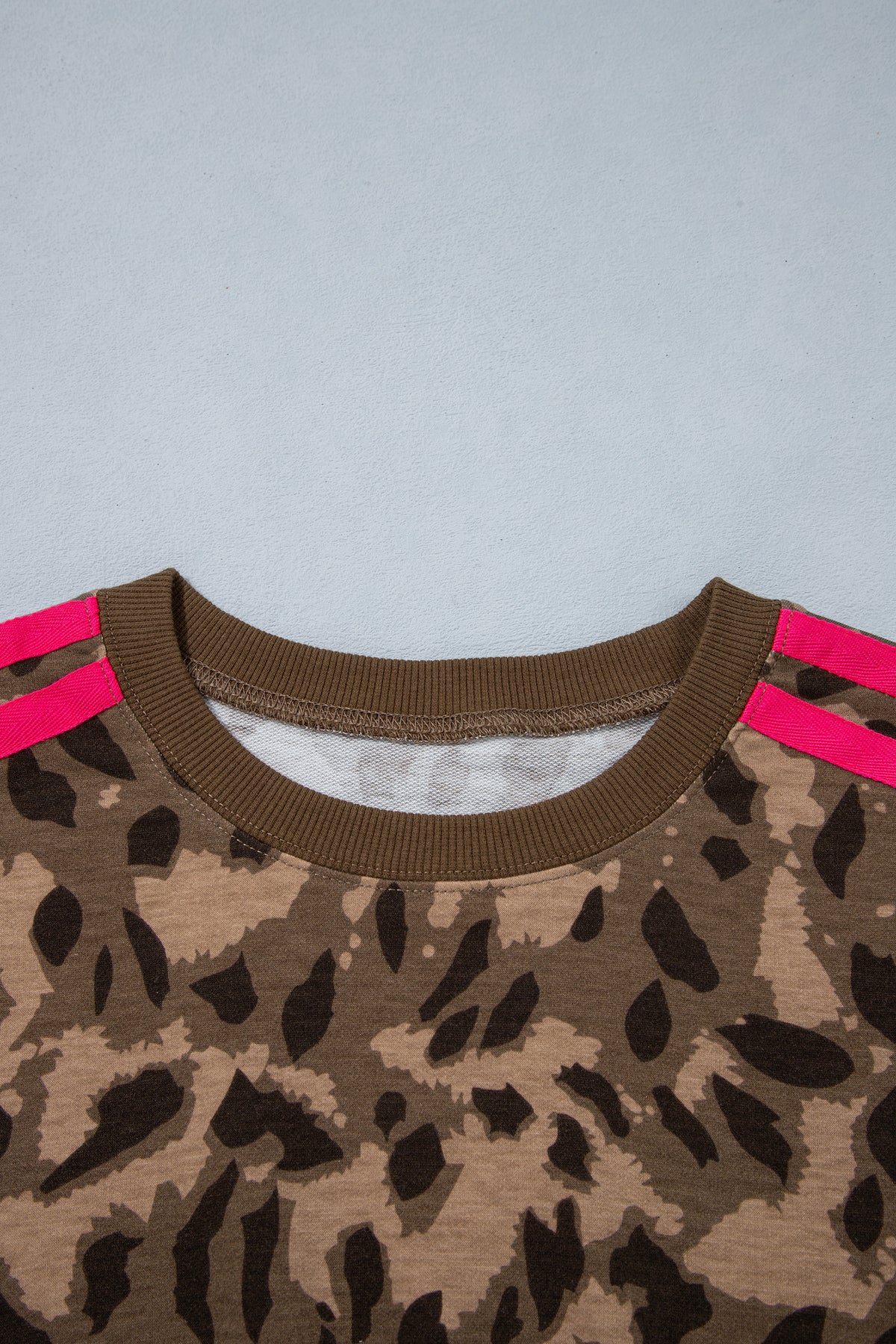 Brown Leopard Print Striped Detail Relaxed Pullover Sweatshirt