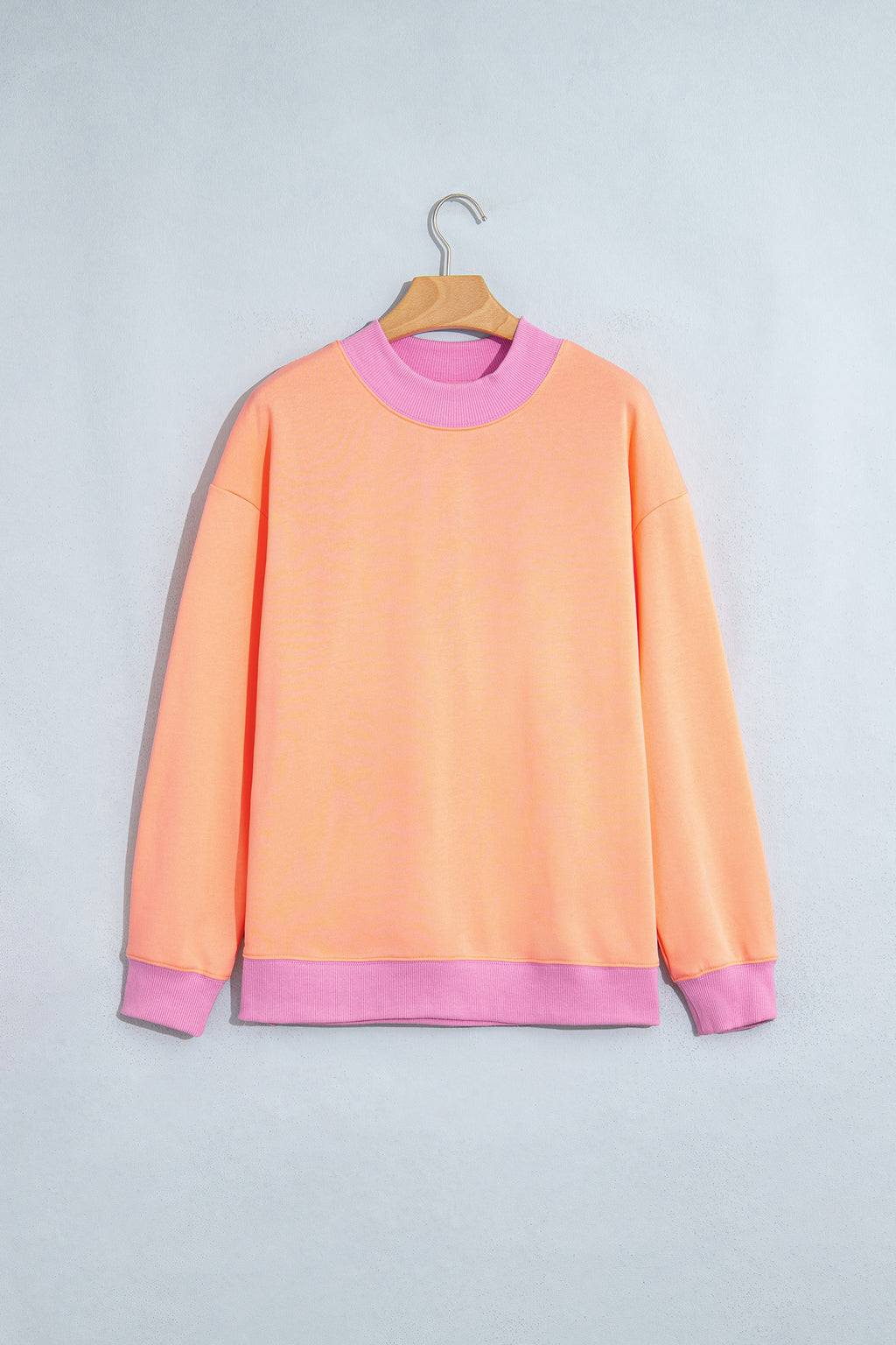 Grapefruit Orange Colorblock Trim Crewneck Long Sleeve Pullover Sweatshirt