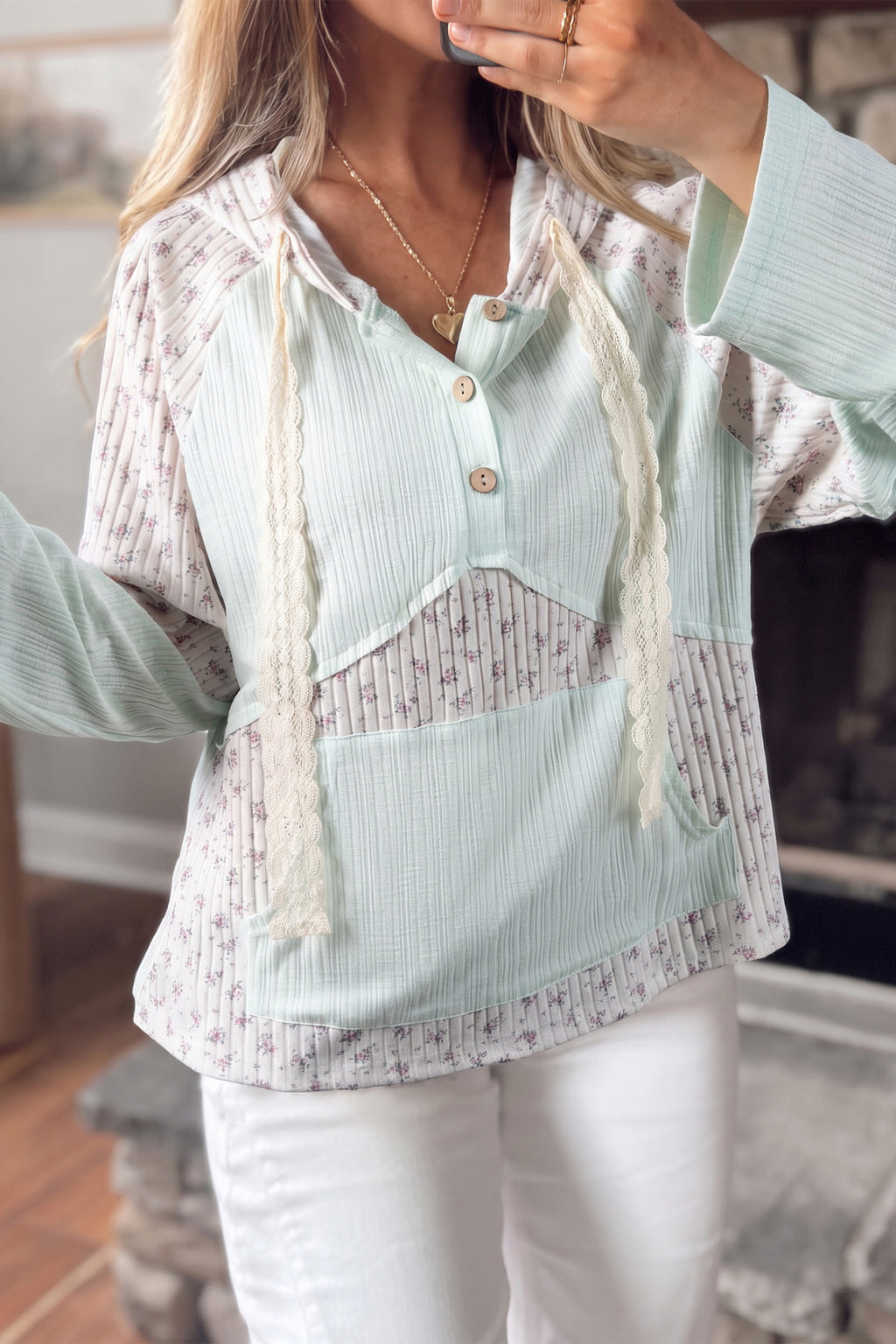 Clearly Aqua Textured Floral Patchwork Button Hooded Long Sleeve Top