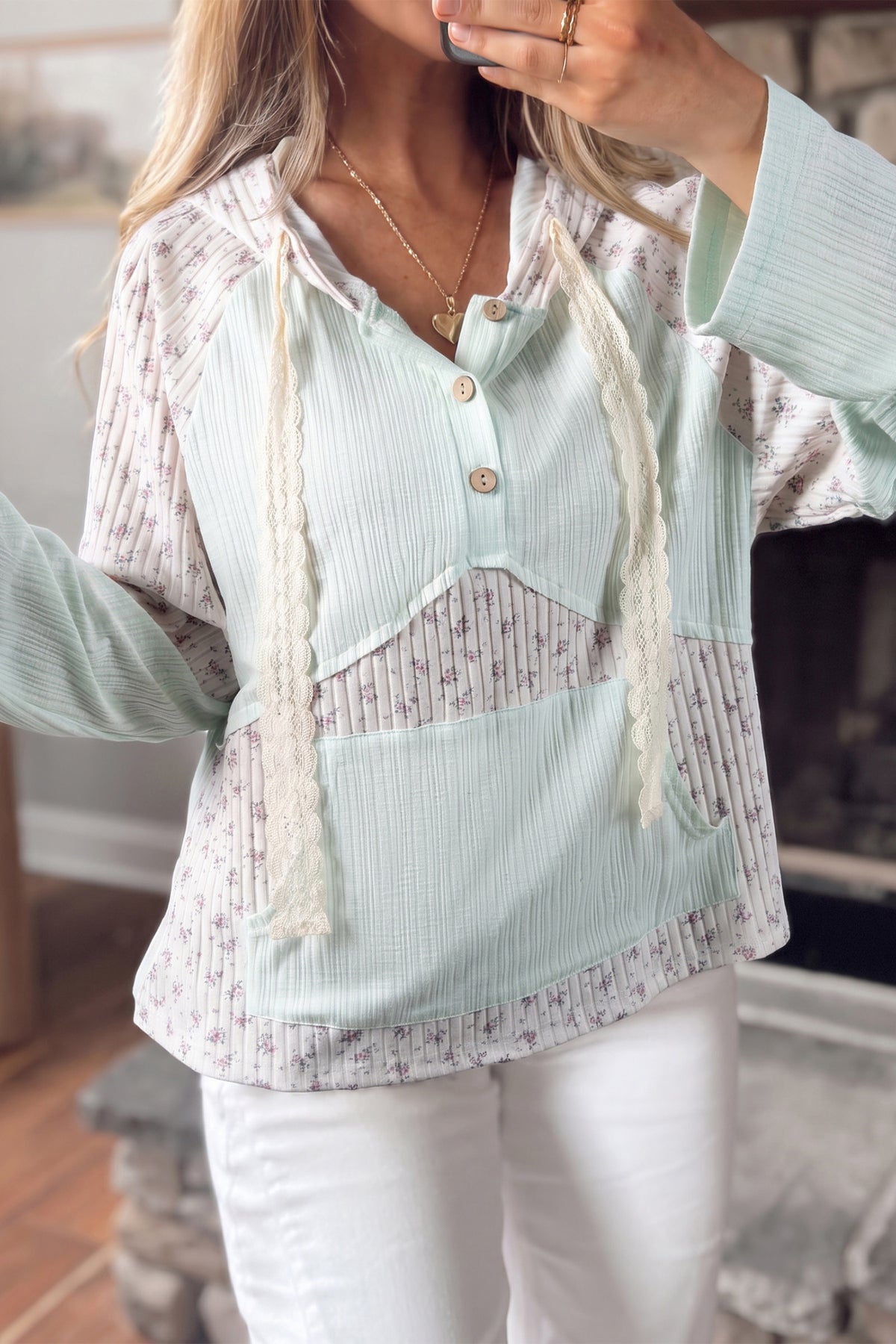 Clearly Aqua Textured Floral Patchwork Button Hooded Long Sleeve Top