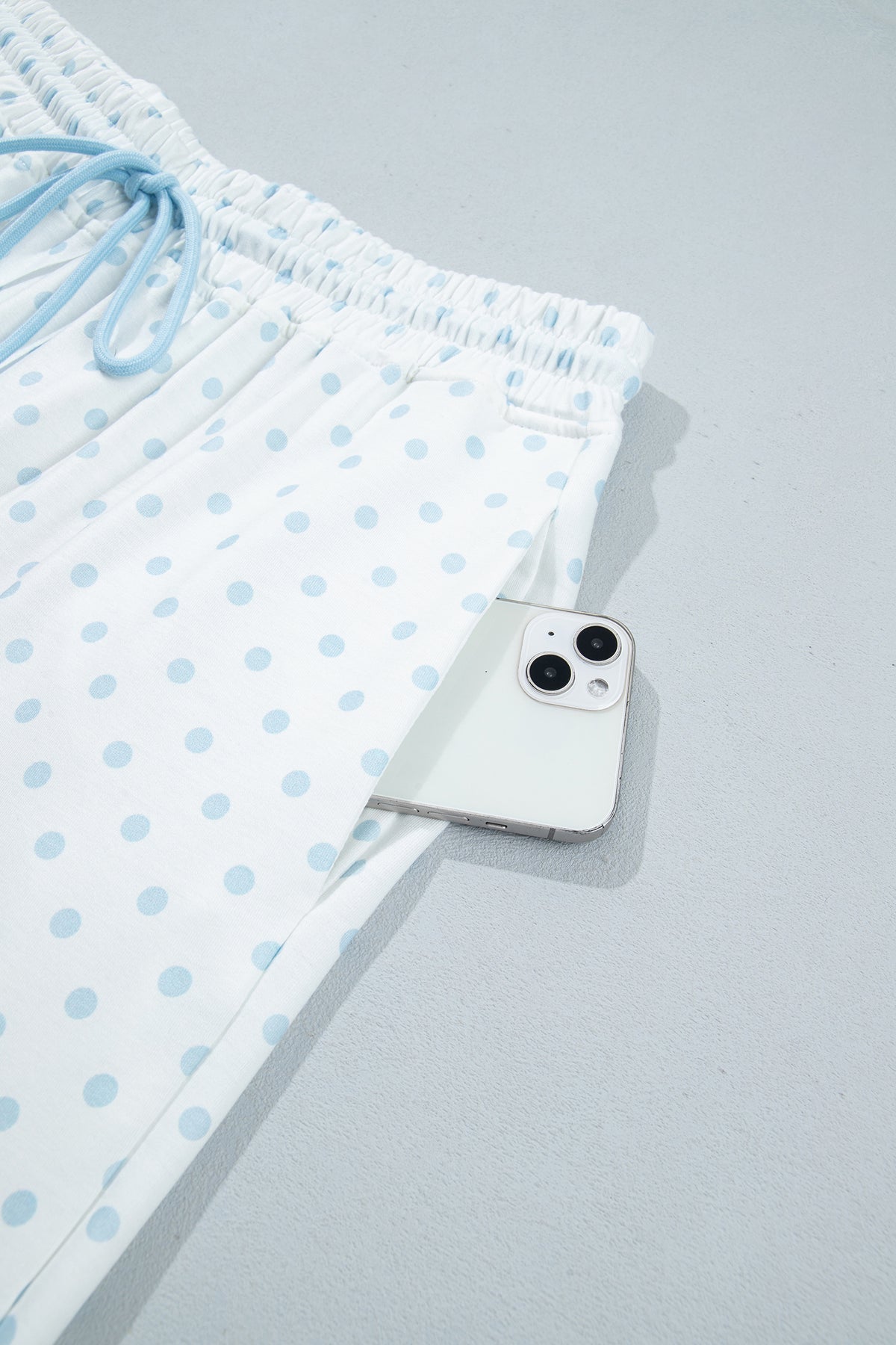 Light Blue Polka Dot Patchwork Colorblock Long Sleeve Casual Two Piece Pants Set