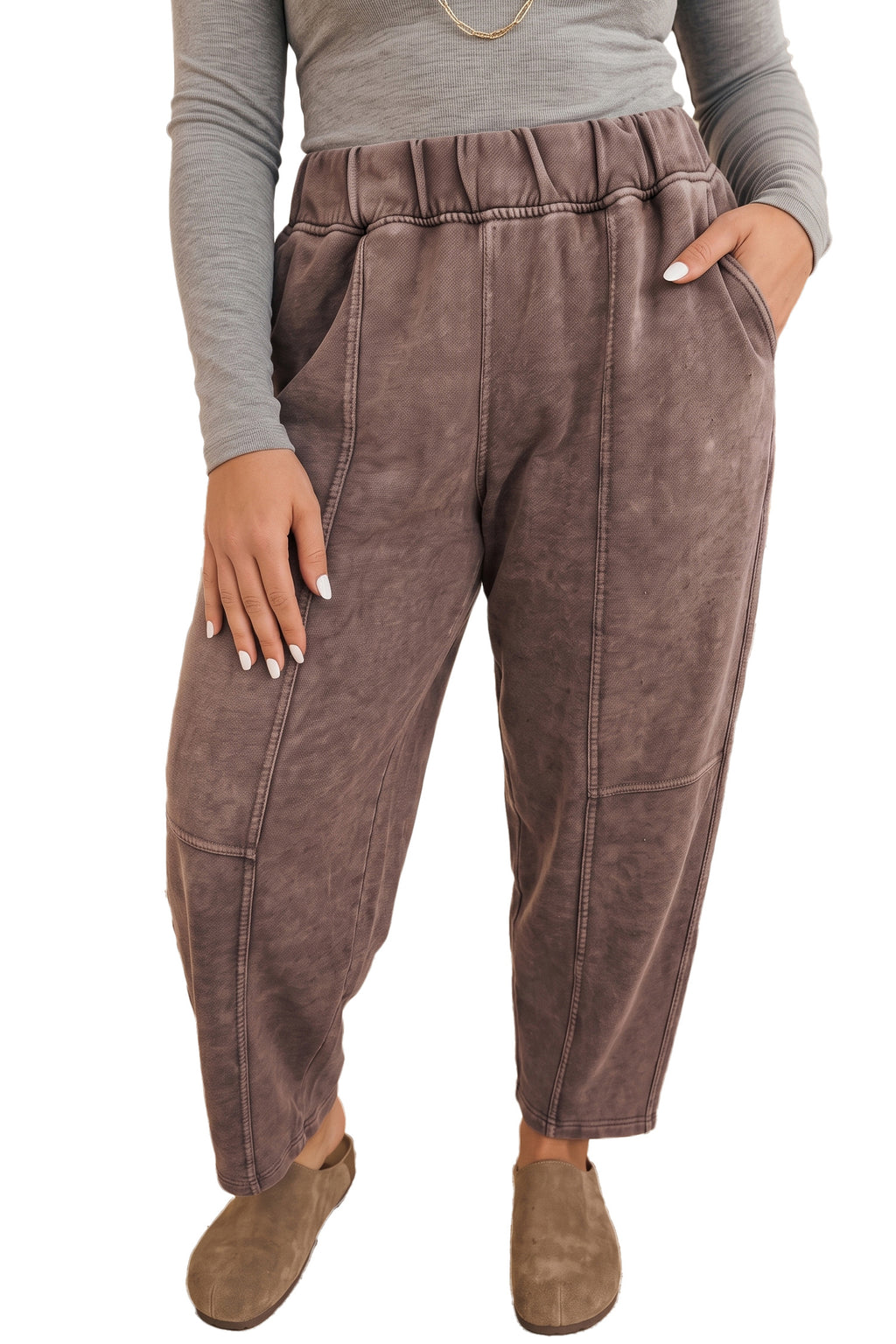 Coffee Mineral Wash Elastic Waistband Plus Size Barrel Pants