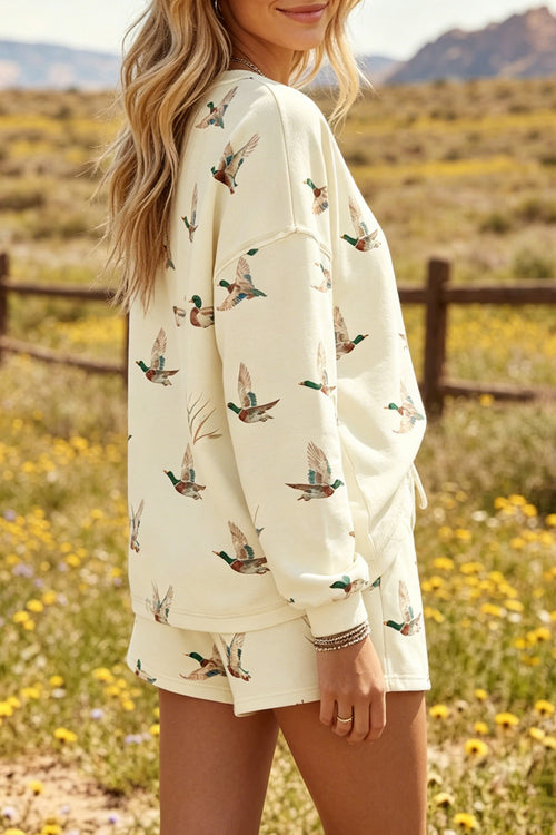 Beige Free Mallard Print Long Sleeve Top Drawstring Short Set