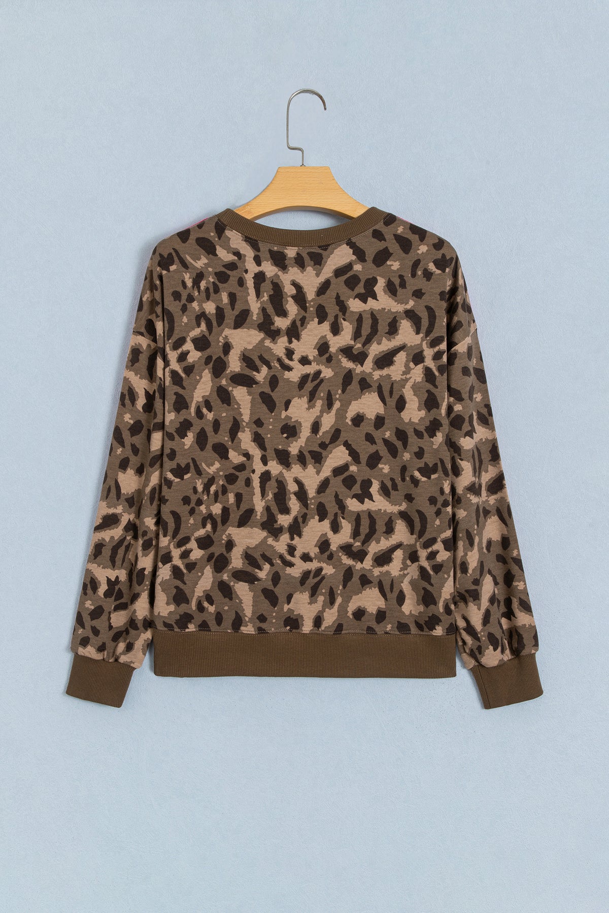Brown Leopard Print Striped Detail Relaxed Pullover Sweatshirt