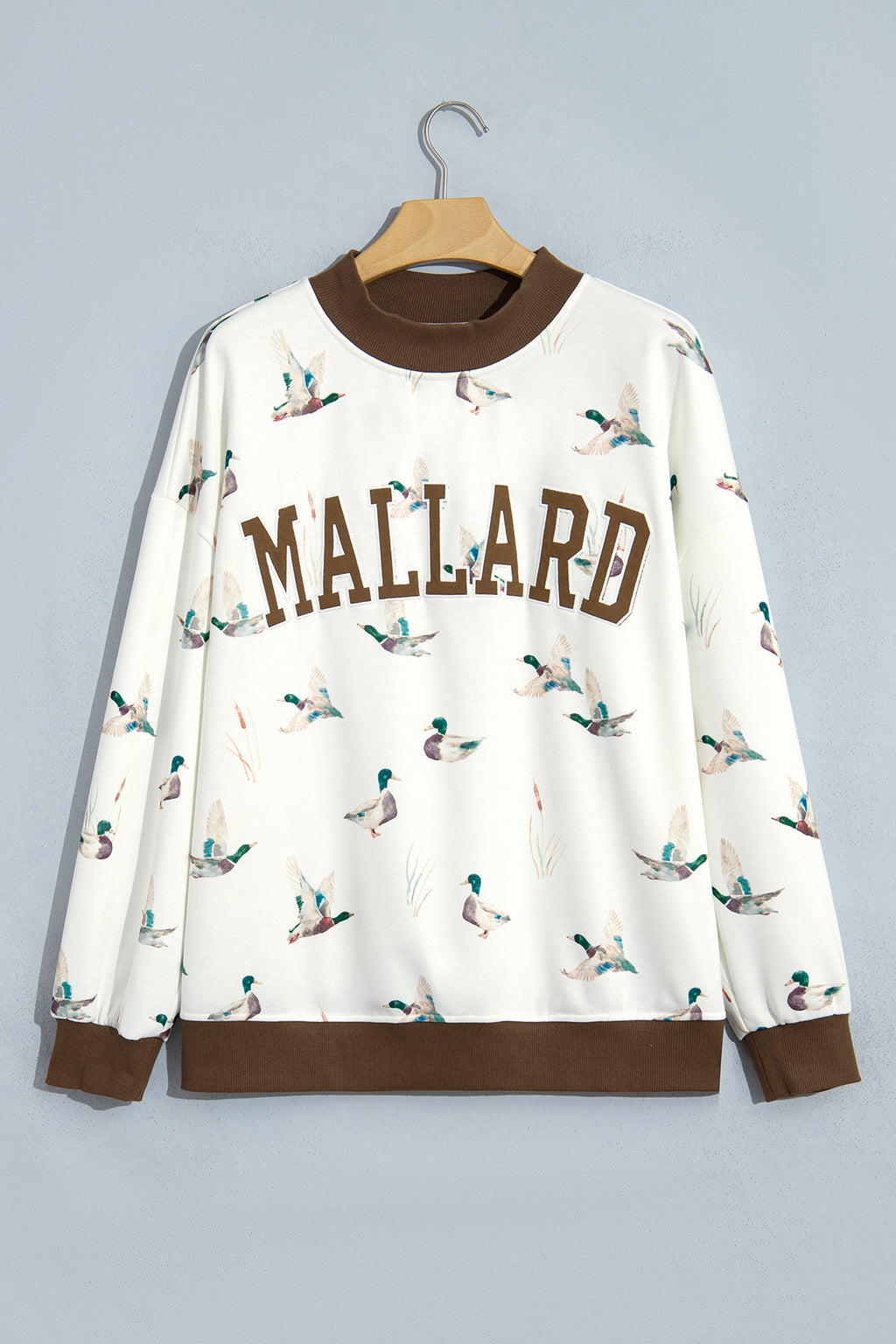 Beige Western Mallard Letter Print Baggy Pullover Sweatshirt