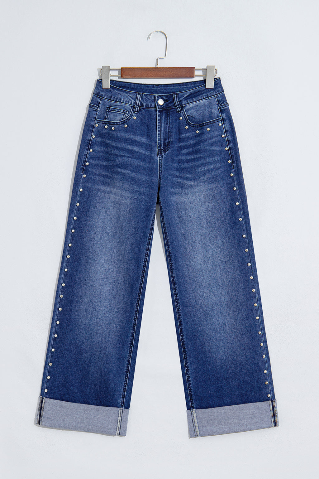 Navy Blue Studded Detail Straight Leg Casual Loose Jeans