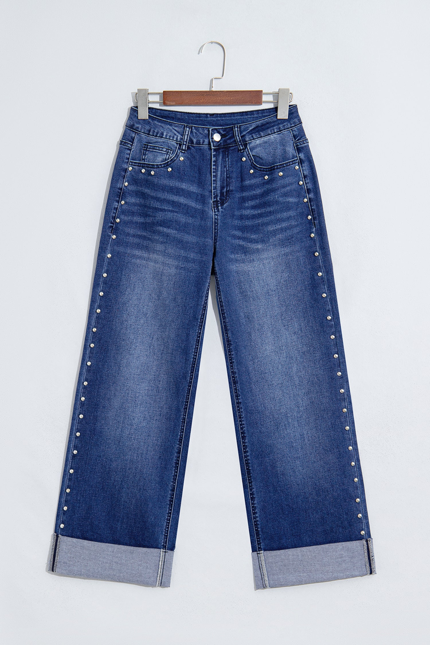 Navy Blue Studded Detail Straight Leg Casual Loose Jeans