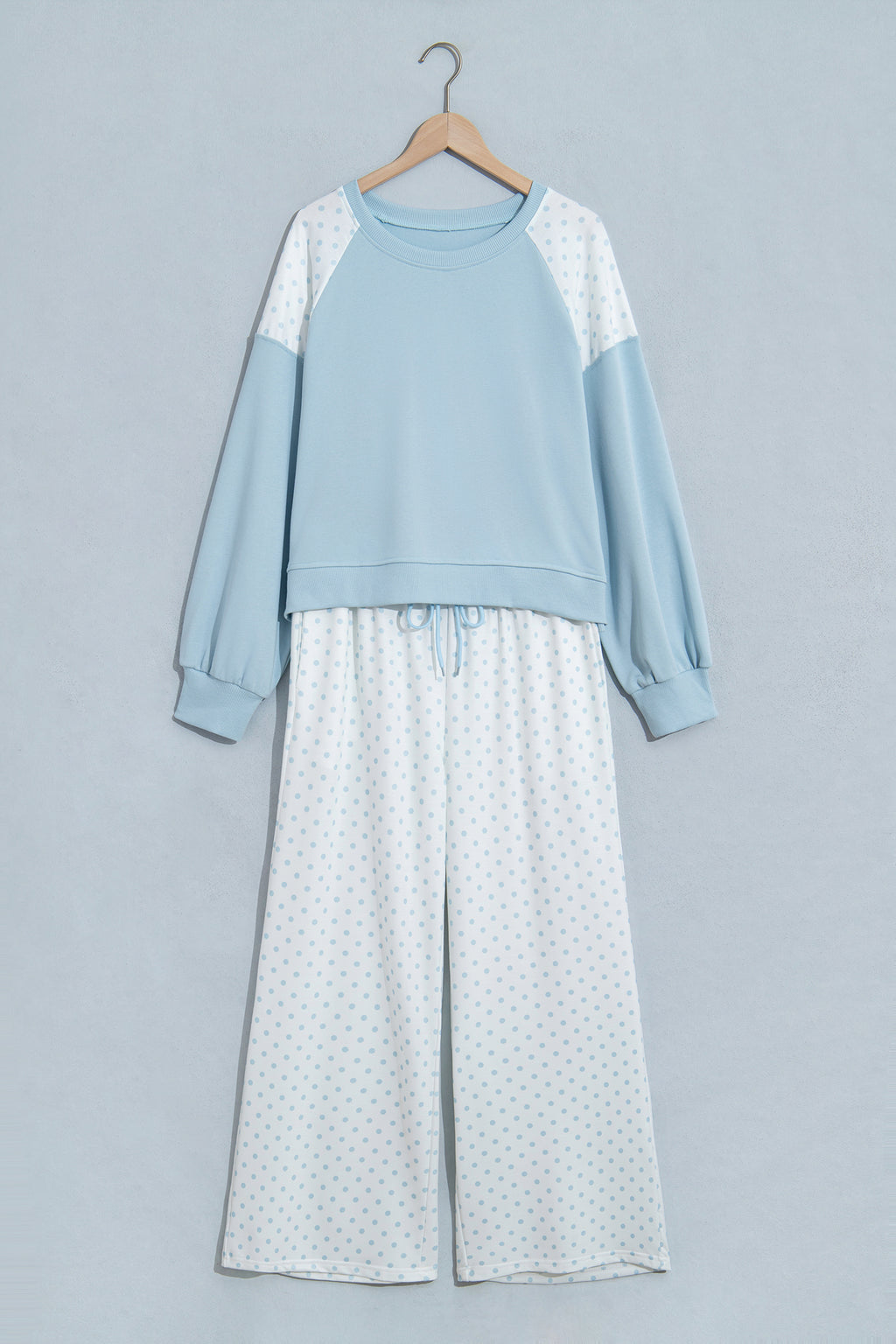 Light Blue Polka Dot Patchwork Colorblock Long Sleeve Casual Two Piece Pants Set