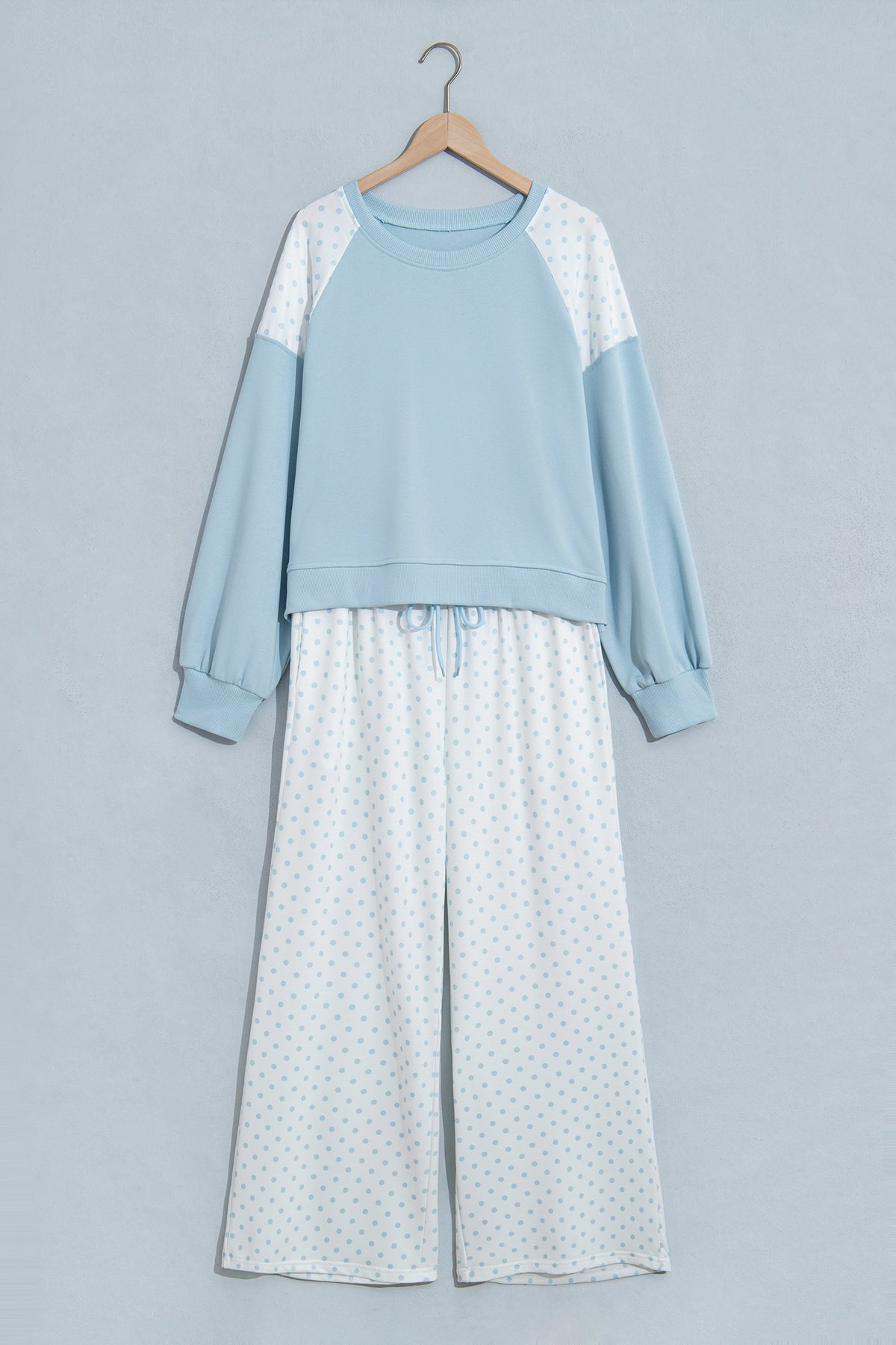 Light Blue Polka Dot Patchwork Colorblock Long Sleeve Casual Two Piece Pants Set