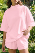 Light Pink Solid Color Exposed Seam Mock Neck Oversize Tee Casual Shorts 2pcs Outfit