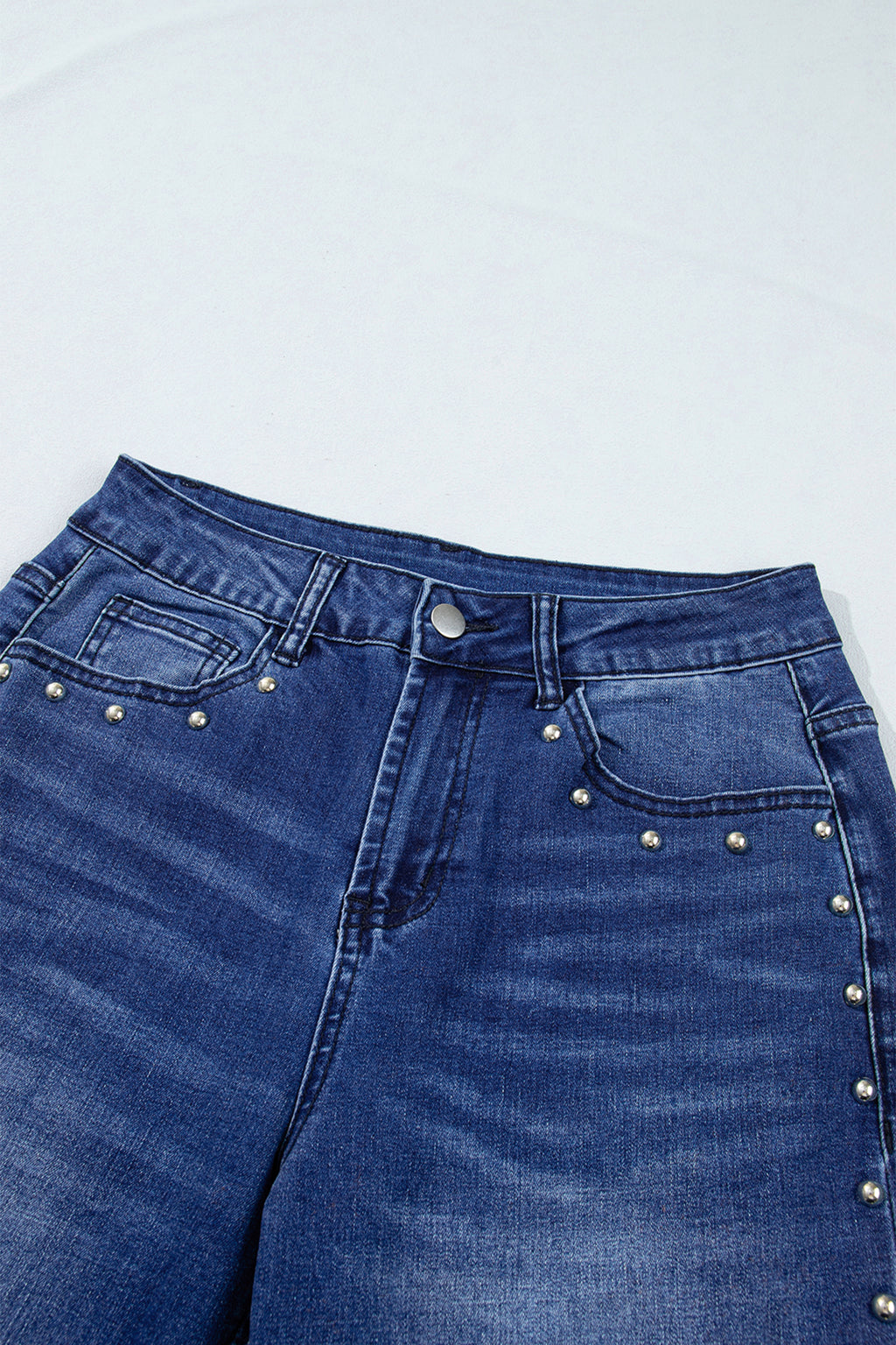 Navy Blue Studded Detail Straight Leg Casual Loose Jeans