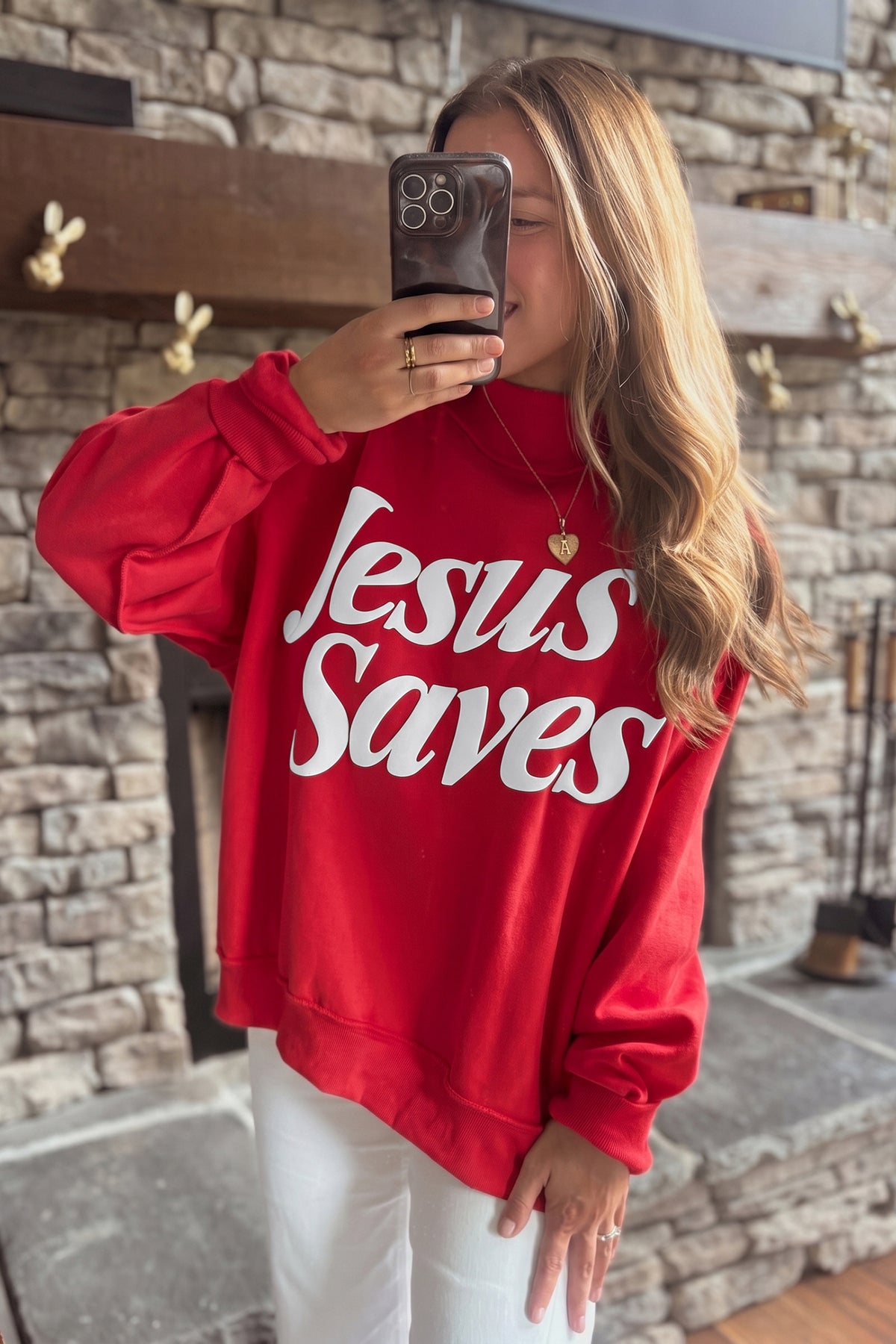 Mist Blue Jesus Saves Slogan Print Stand Neck Baggy Sweatshirt