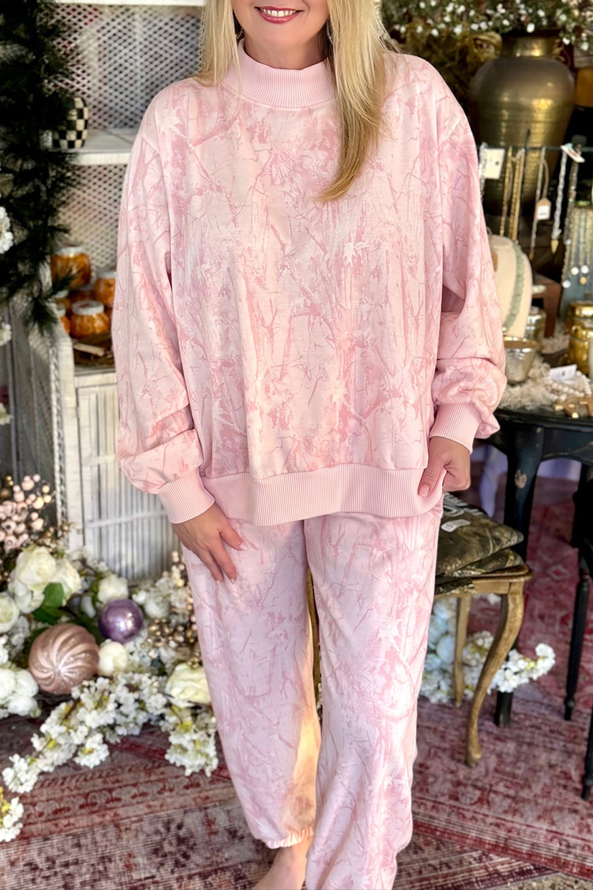 Pink Camouflage Print Stand Neck Long Sleeve Regular Fit Plus Size Set