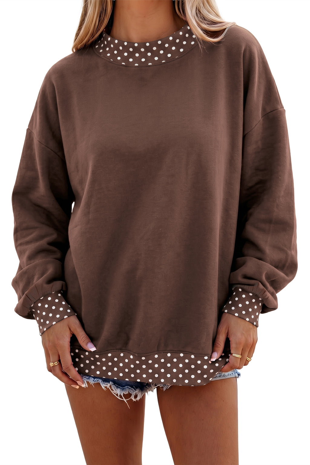 Red Colorblock Polka Dot Contrast Trim Oversized Sweatshirt