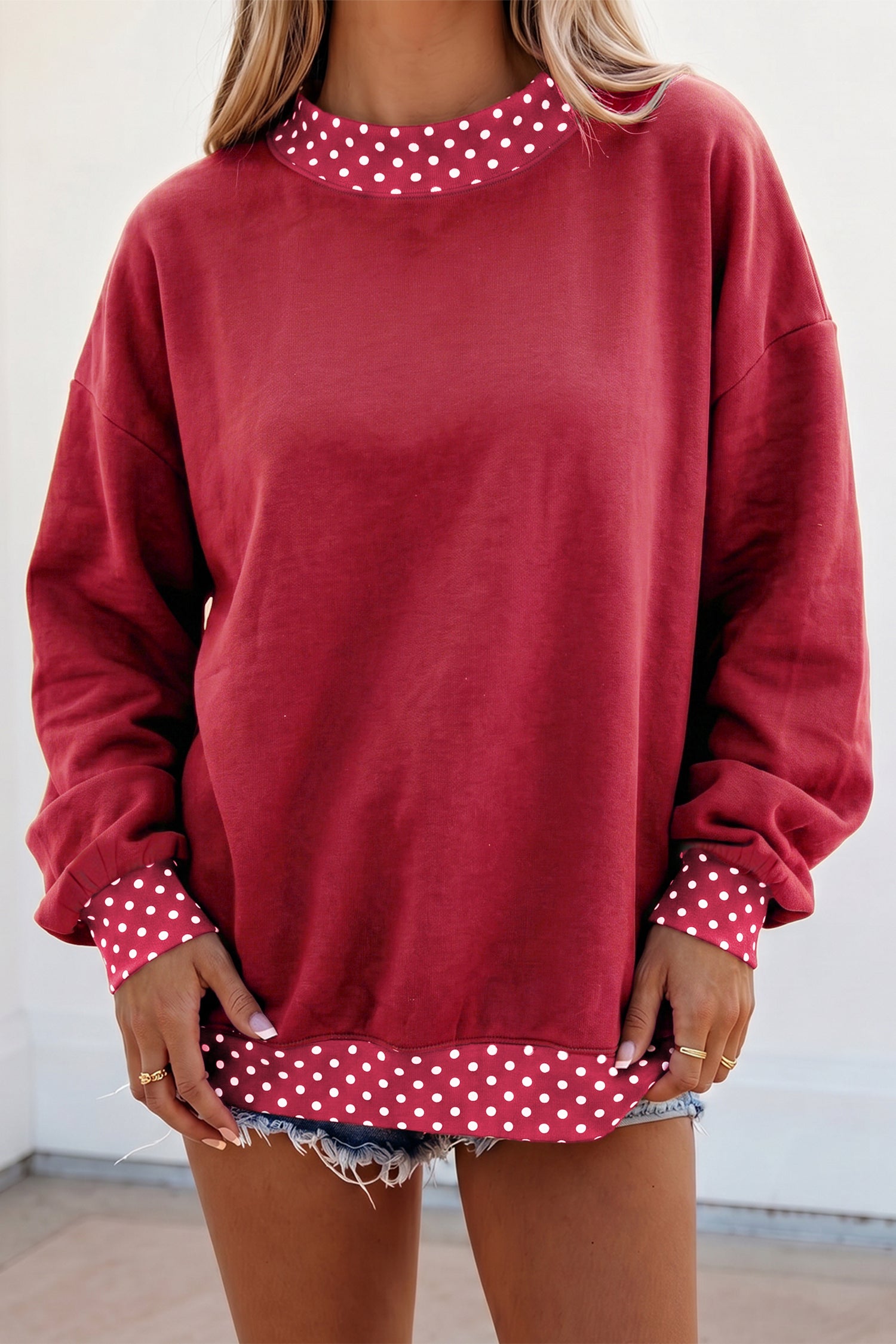 Red Colorblock Polka Dot Contrast Trim Oversized Sweatshirt