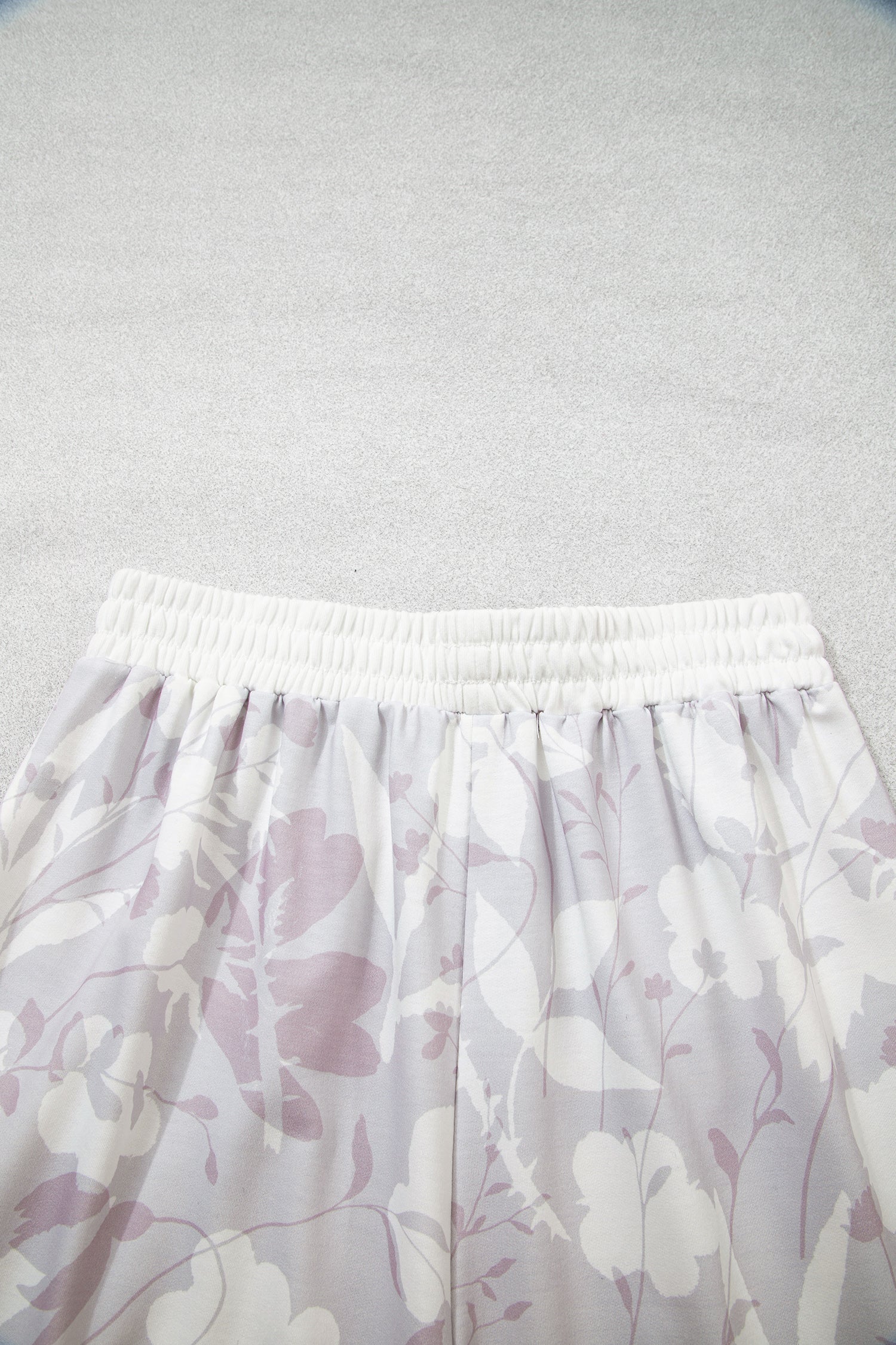 Gray Floral Print Wide Leg Ankle-Length Elastic Waistband Pants