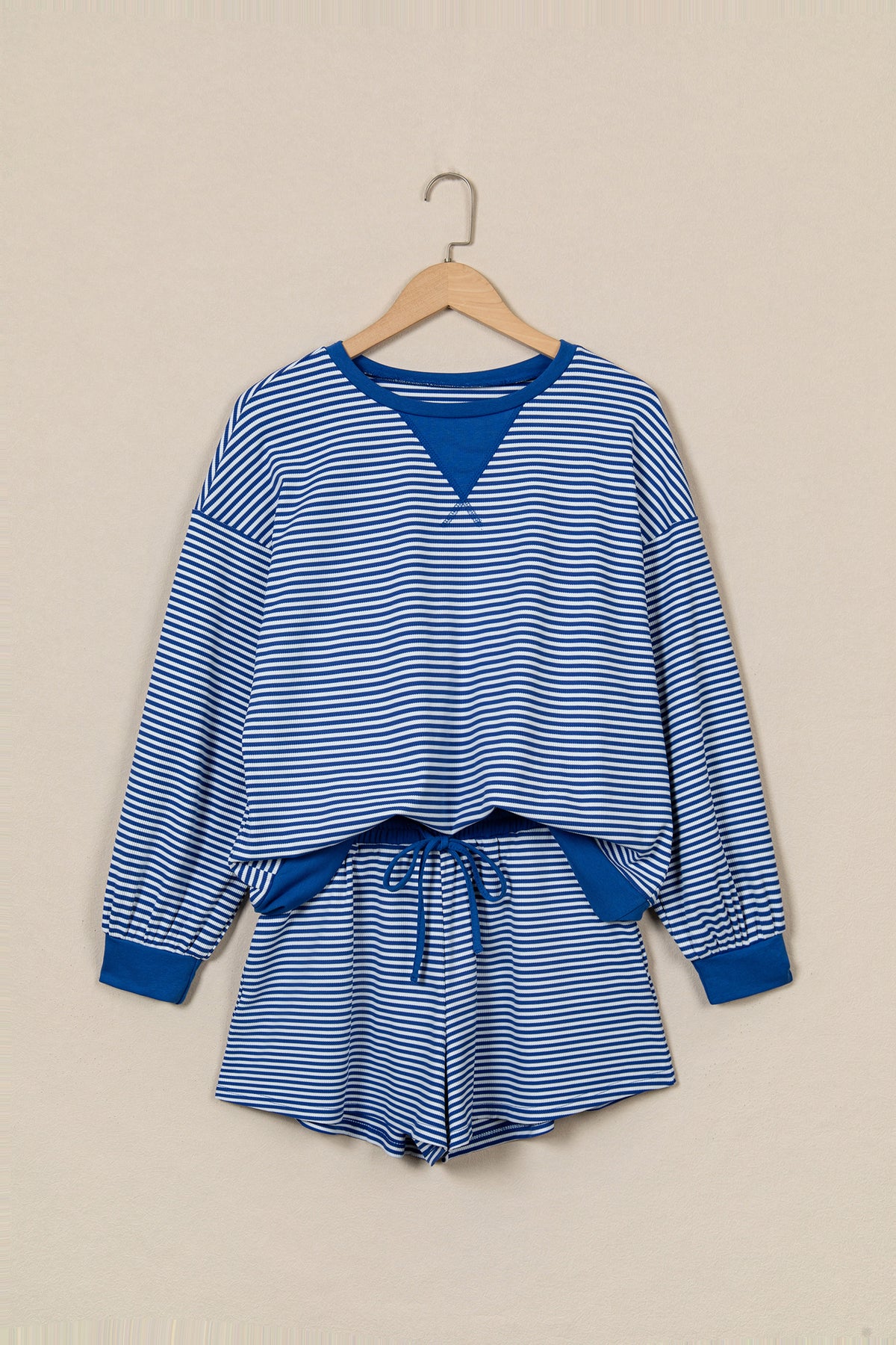 Blue Stripe Oversized Long Sleeve Top Drawstring Loose Shorts 2pcs Set