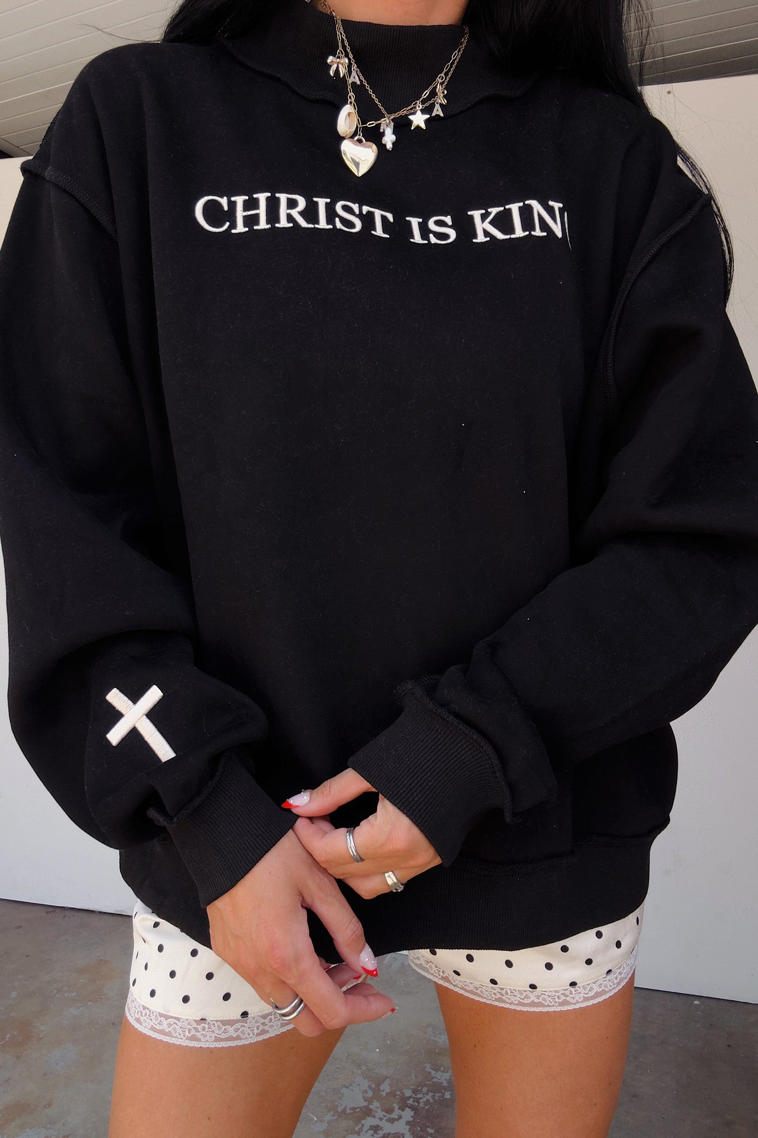 Beige CHRIST IS KING Embroidery High Neck Baggy Sweatshirt