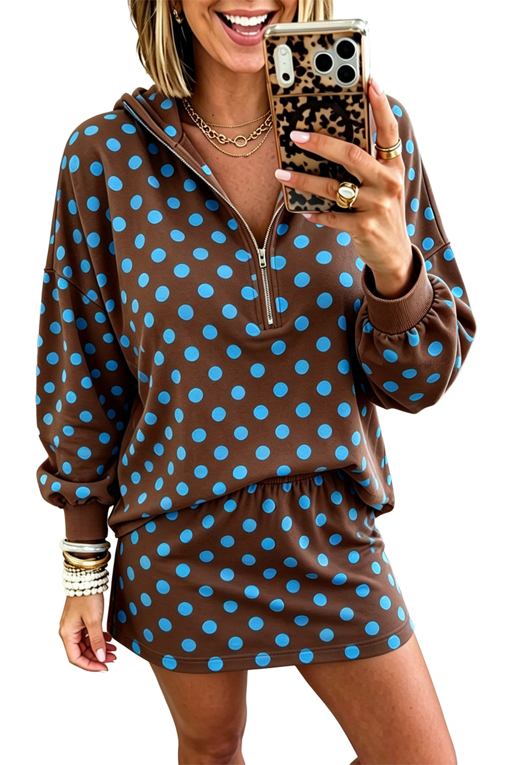 Pink Polka Dot Hooded Long Sleeve Top Casual Mini Skort Set