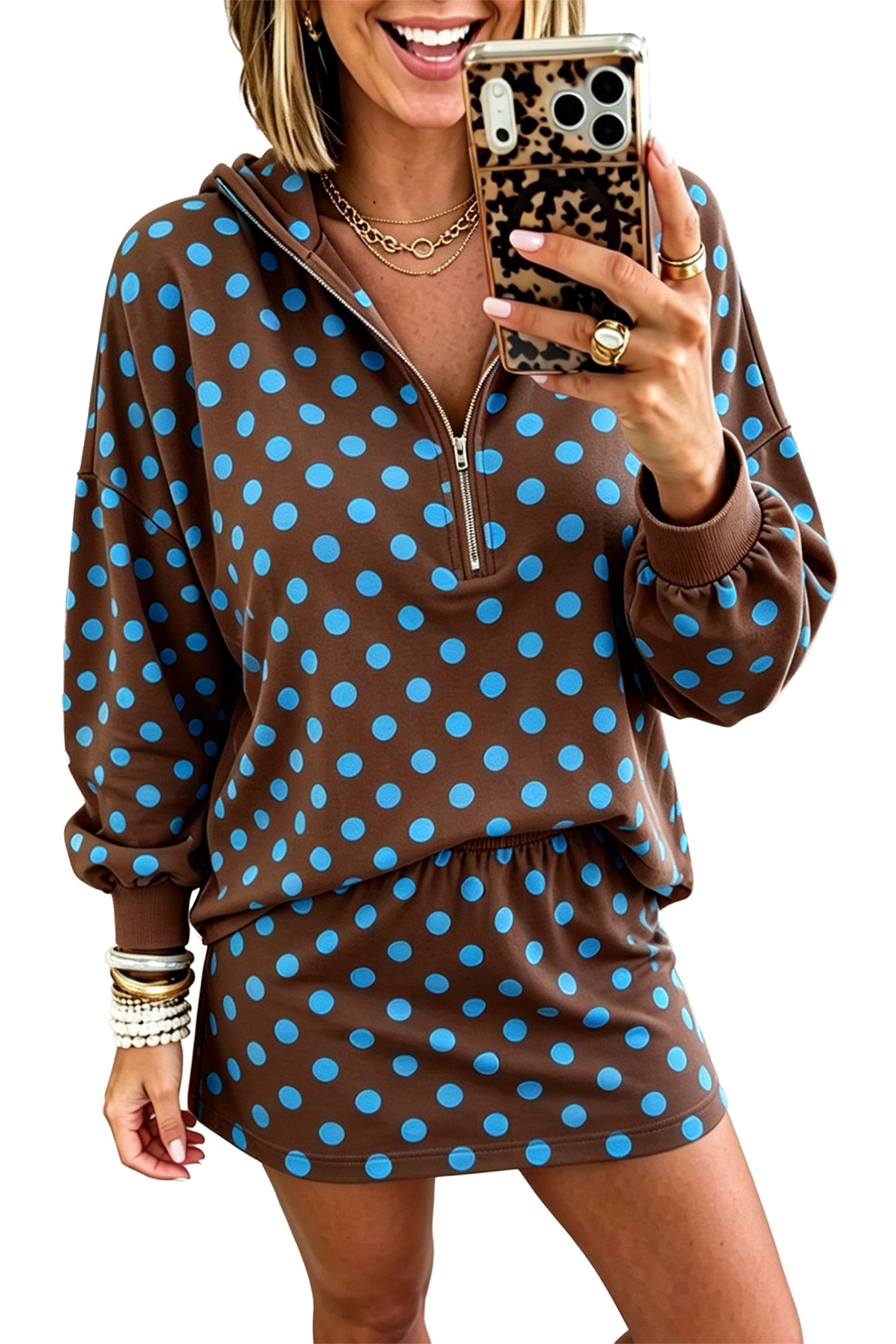 Pink Polka Dot Hooded Long Sleeve Top Casual Mini Skort Set