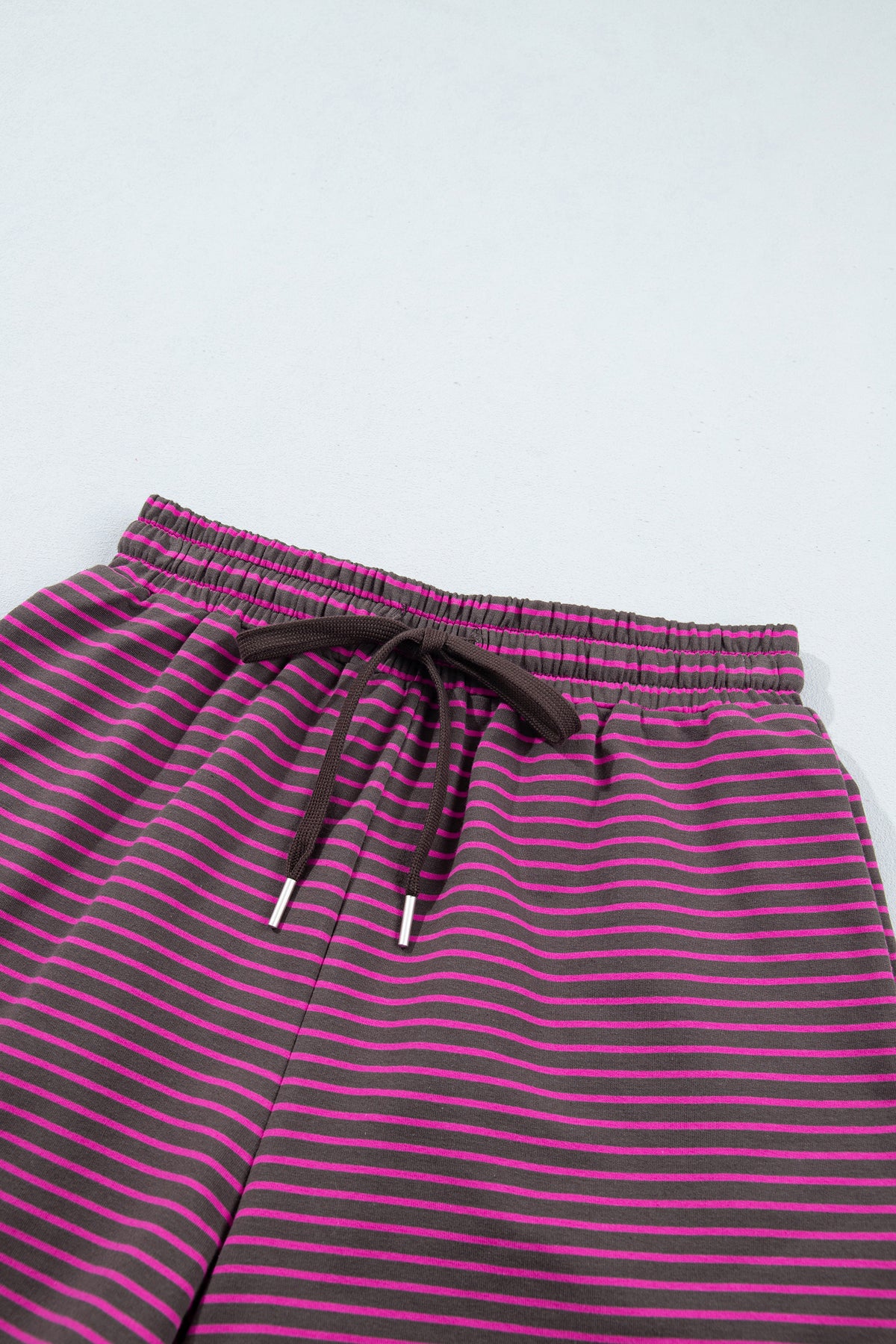 Pink Stripe Ribbed Patchwork Mock Neck Baggy Pullover Matching Shorts Set