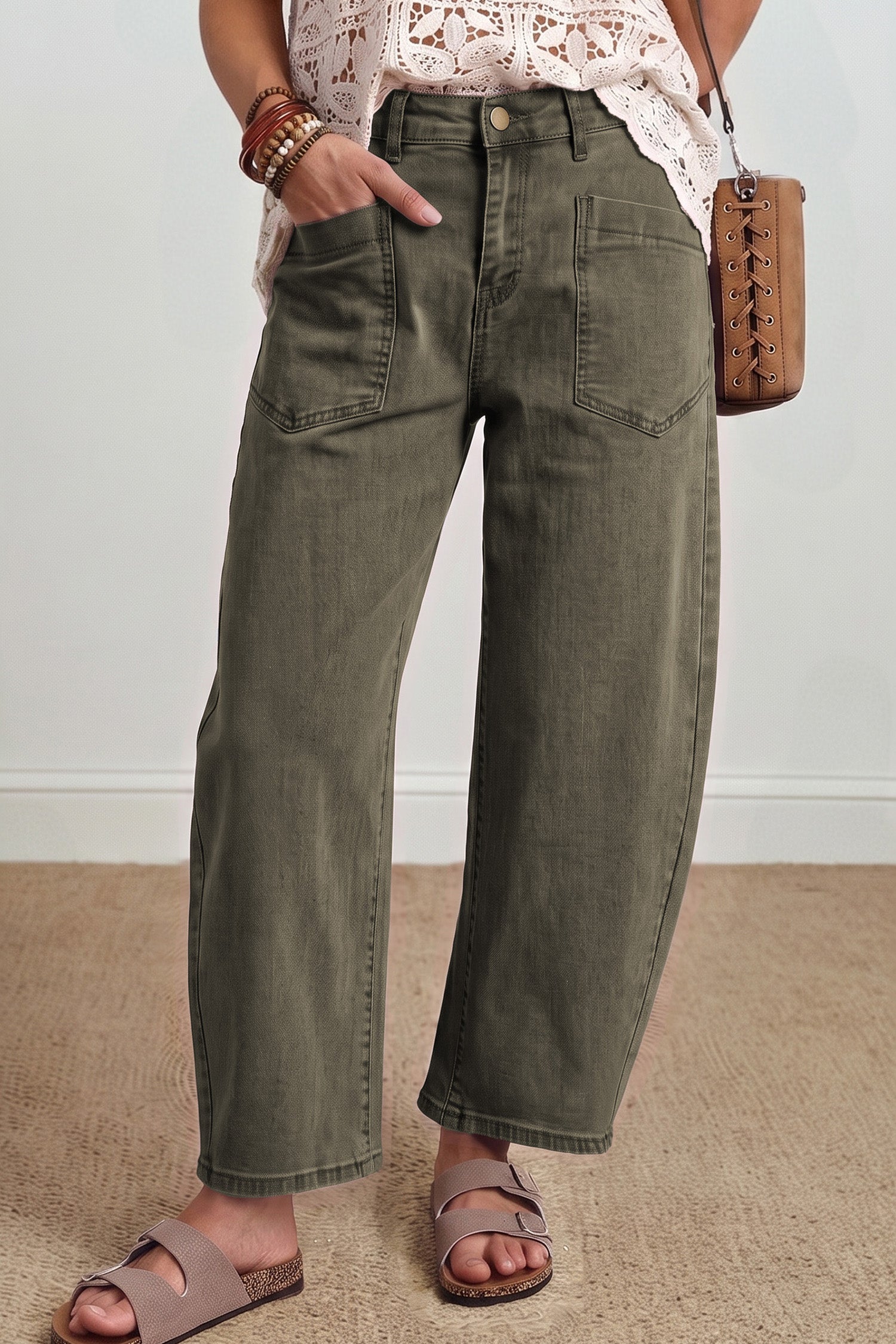 Beau Blue Solid Color Square Patch Pocket Ankle-length Barrel Jeans