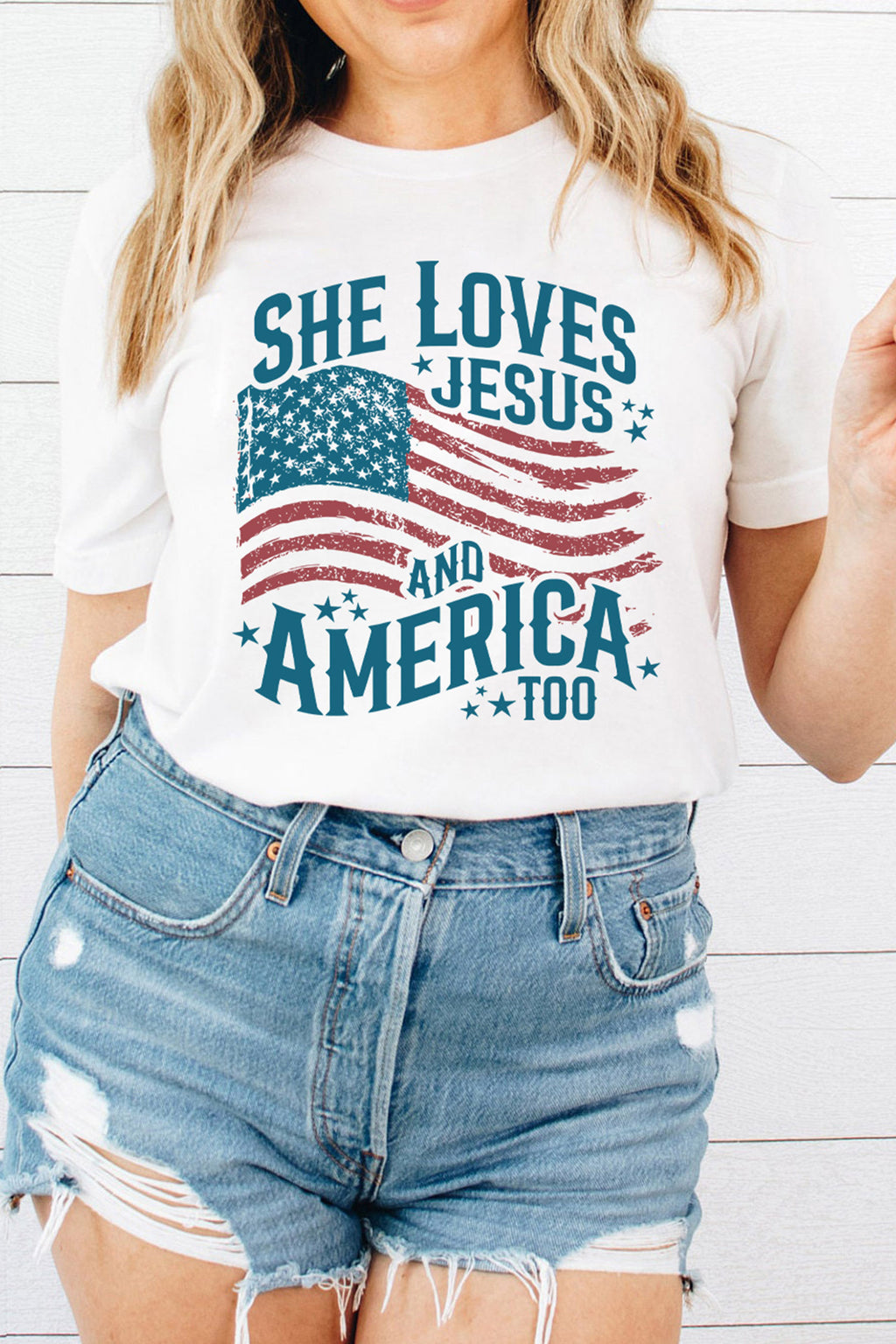White She Loves Jesus and America Flag Graphic Tee