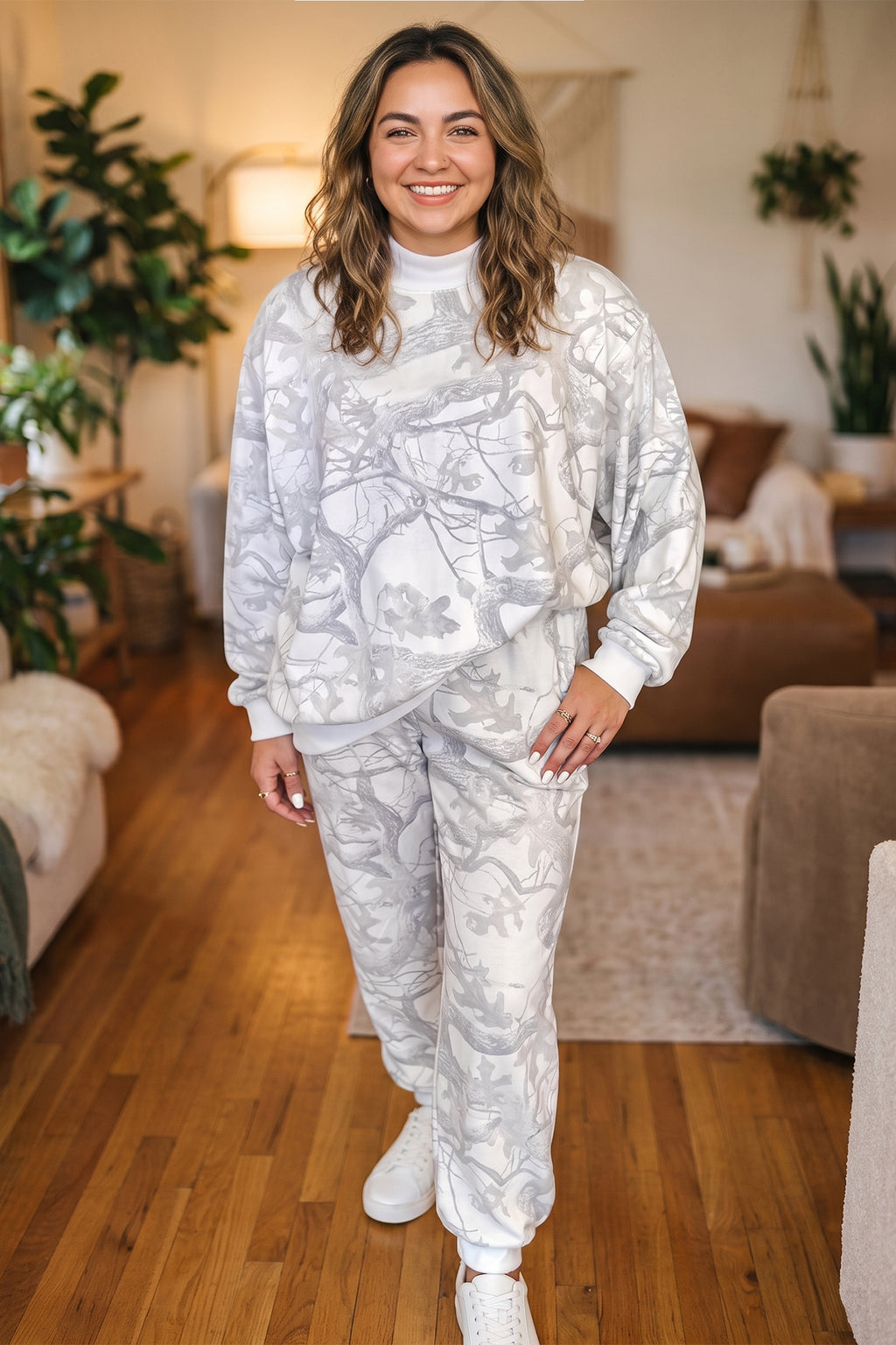 Pink Camouflage Print Stand Neck Long Sleeve Regular Fit Plus Size Set