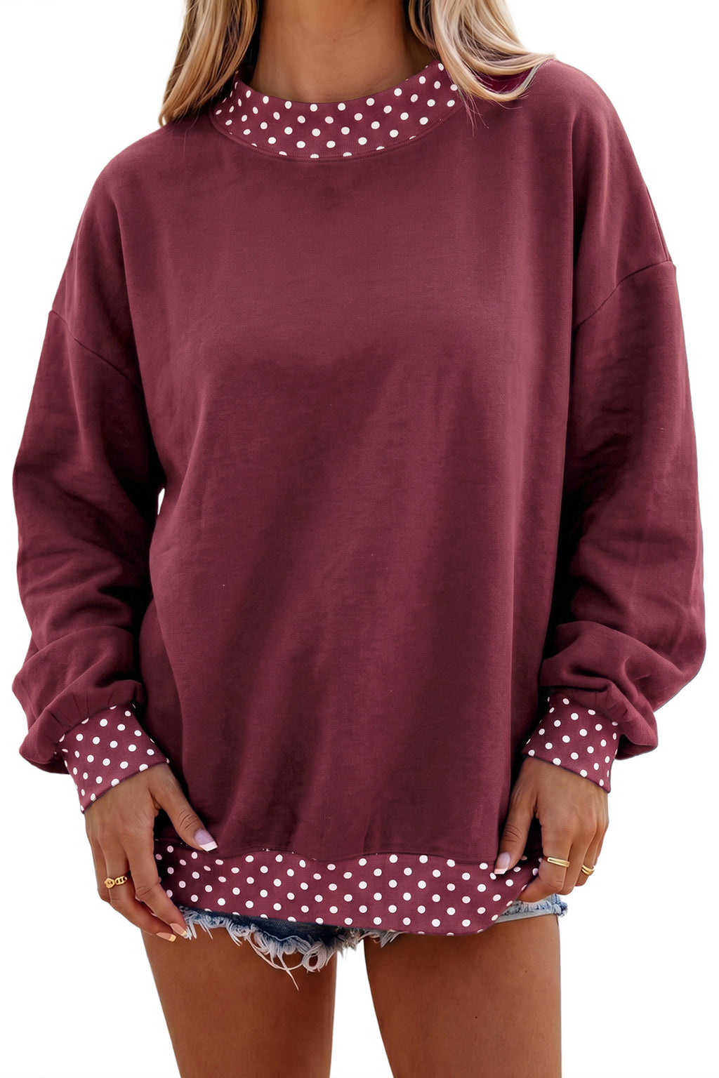 Red Colorblock Polka Dot Contrast Trim Oversized Sweatshirt