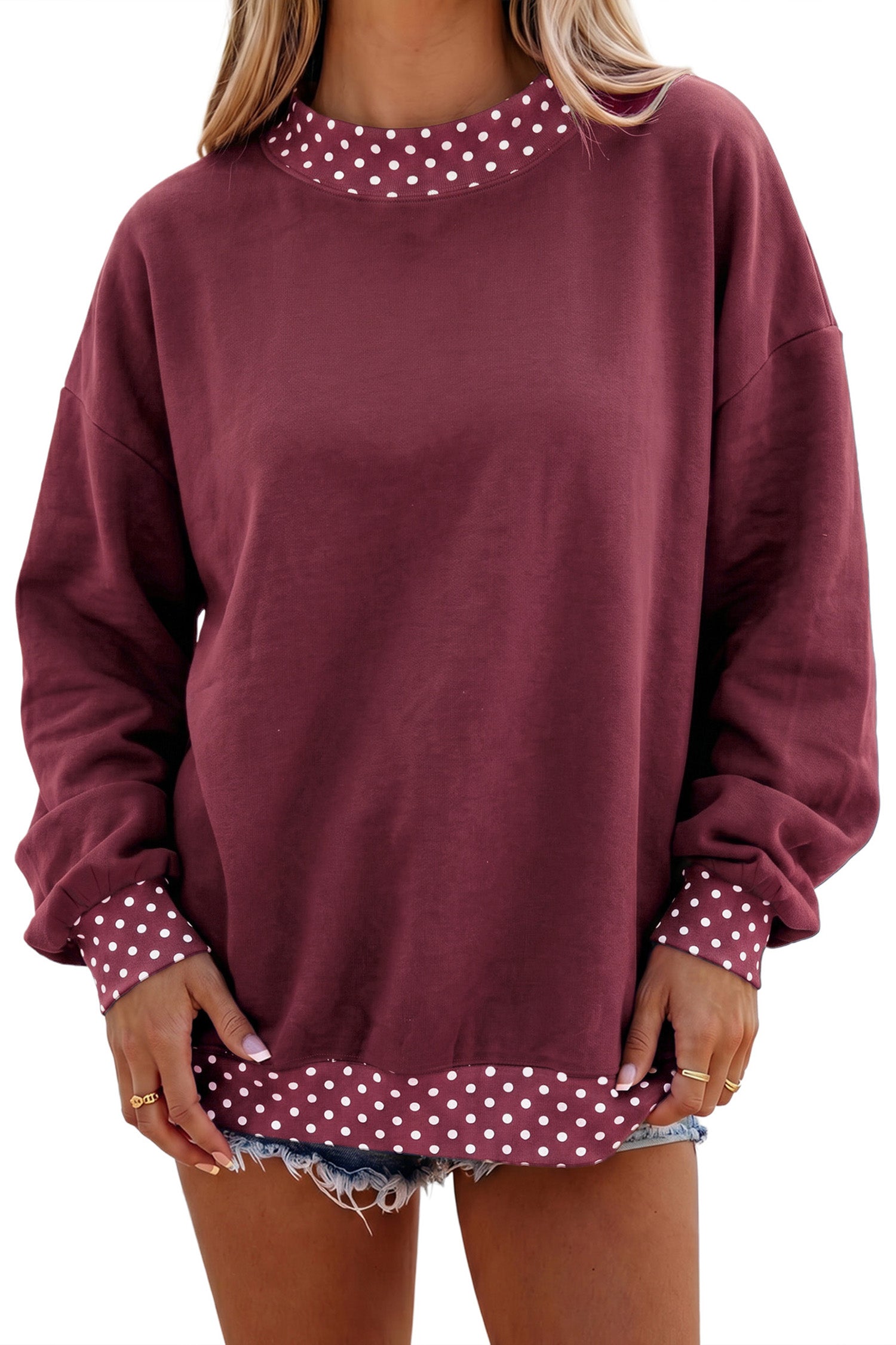 Red Colorblock Polka Dot Contrast Trim Oversized Sweatshirt