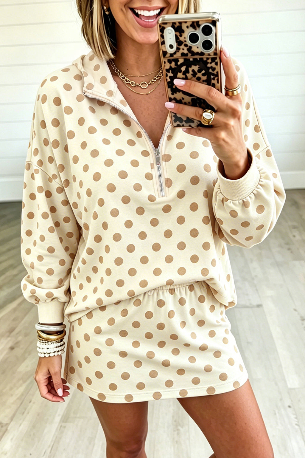 Pink Polka Dot Hooded Long Sleeve Top Casual Mini Skort Set