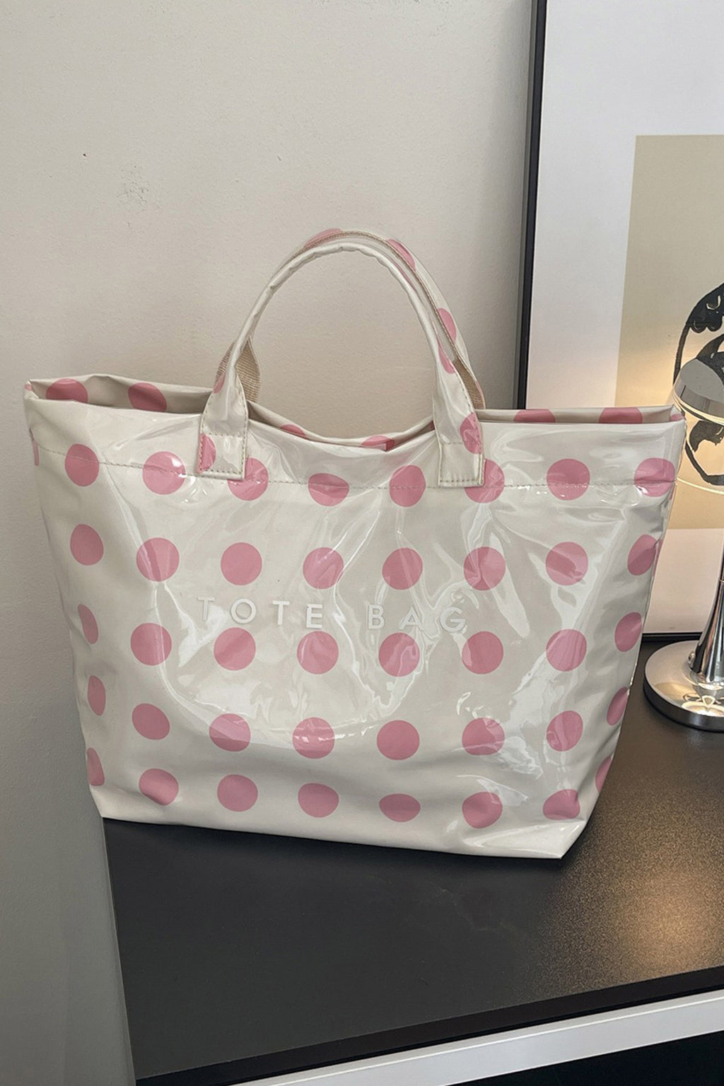 Light Pink Polka Dot Durable Waterproof PVC Tote Bag