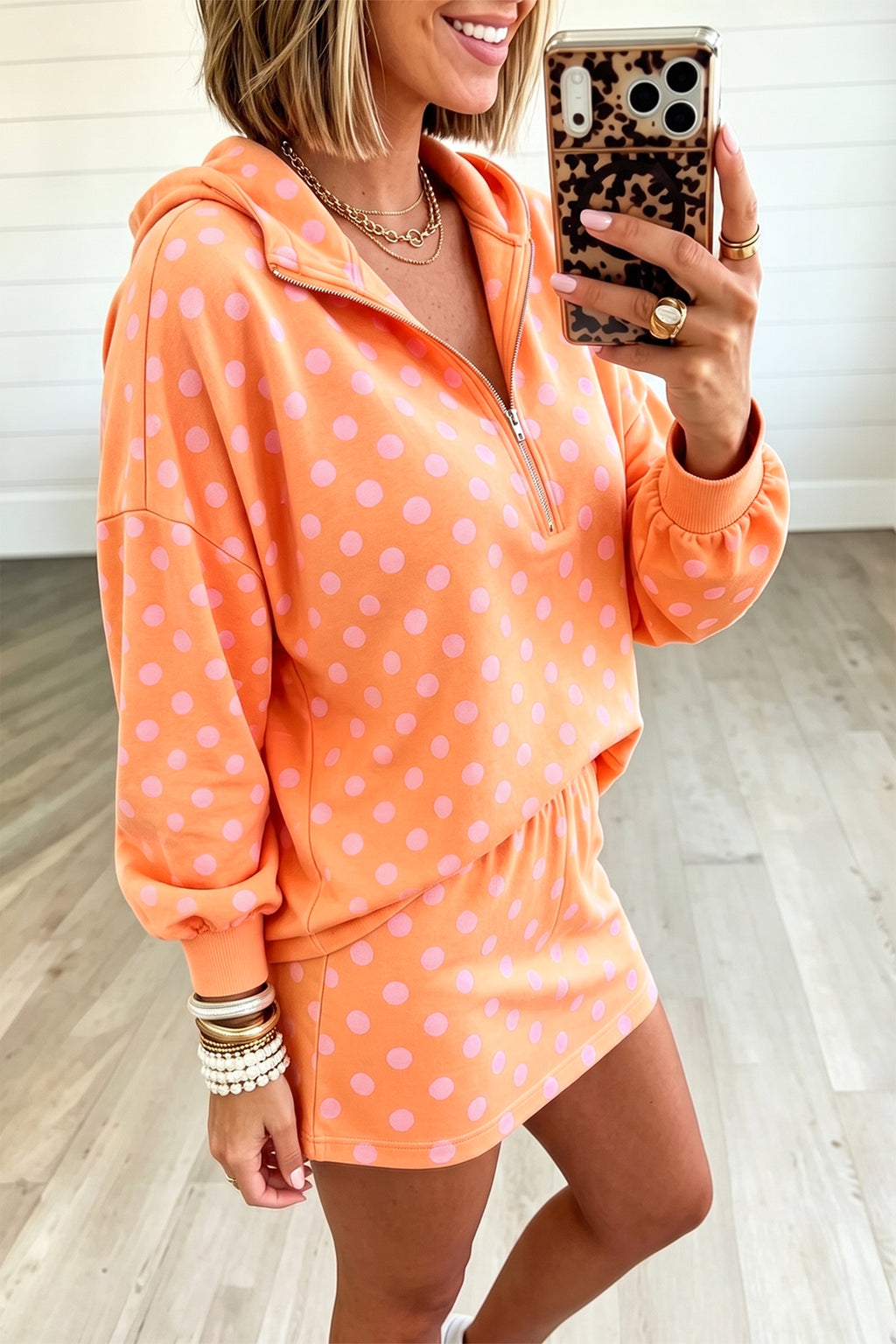 Pink Polka Dot Hooded Long Sleeve Top Casual Mini Skort Set