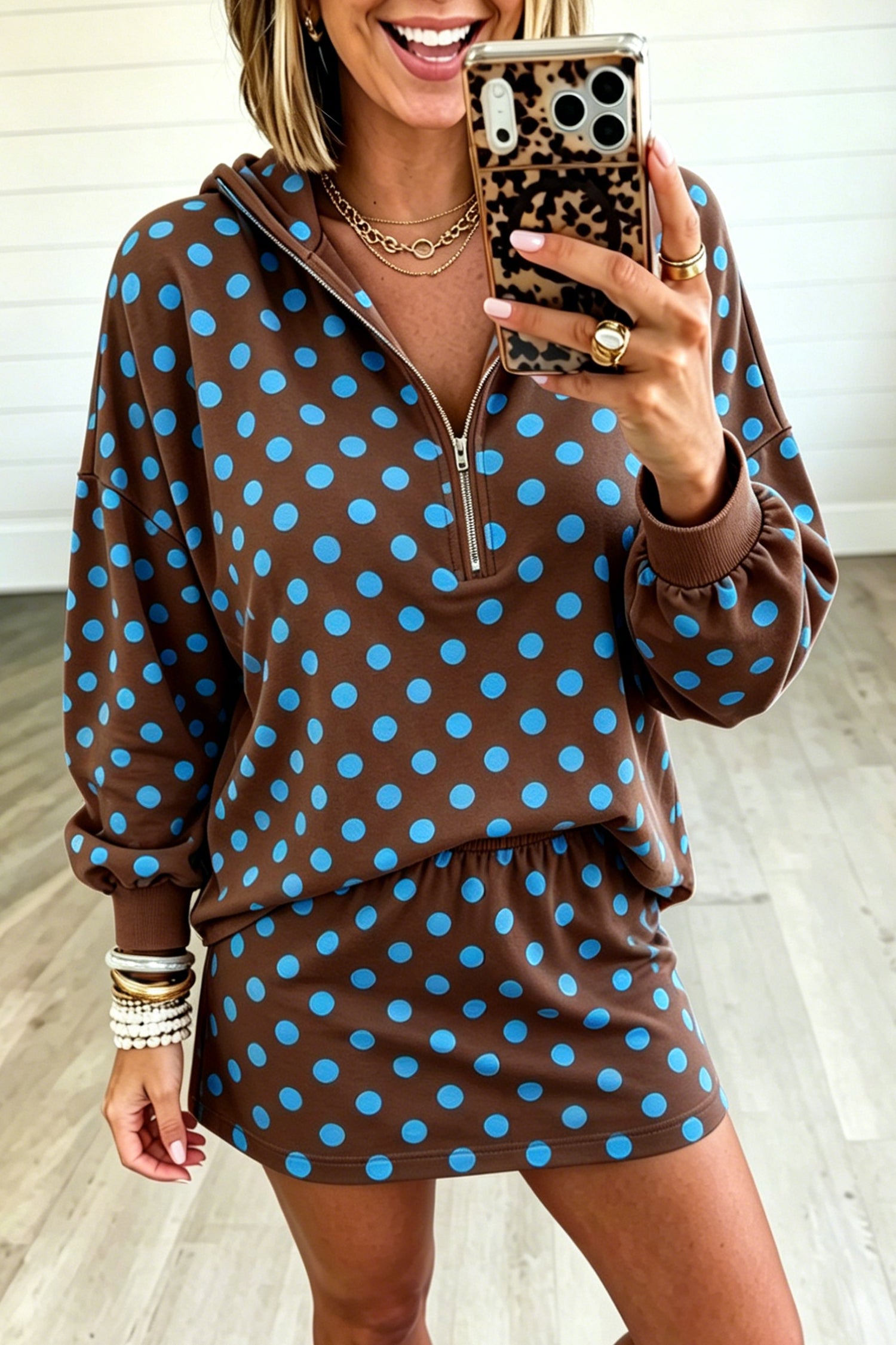 Pink Polka Dot Hooded Long Sleeve Top Casual Mini Skort Set
