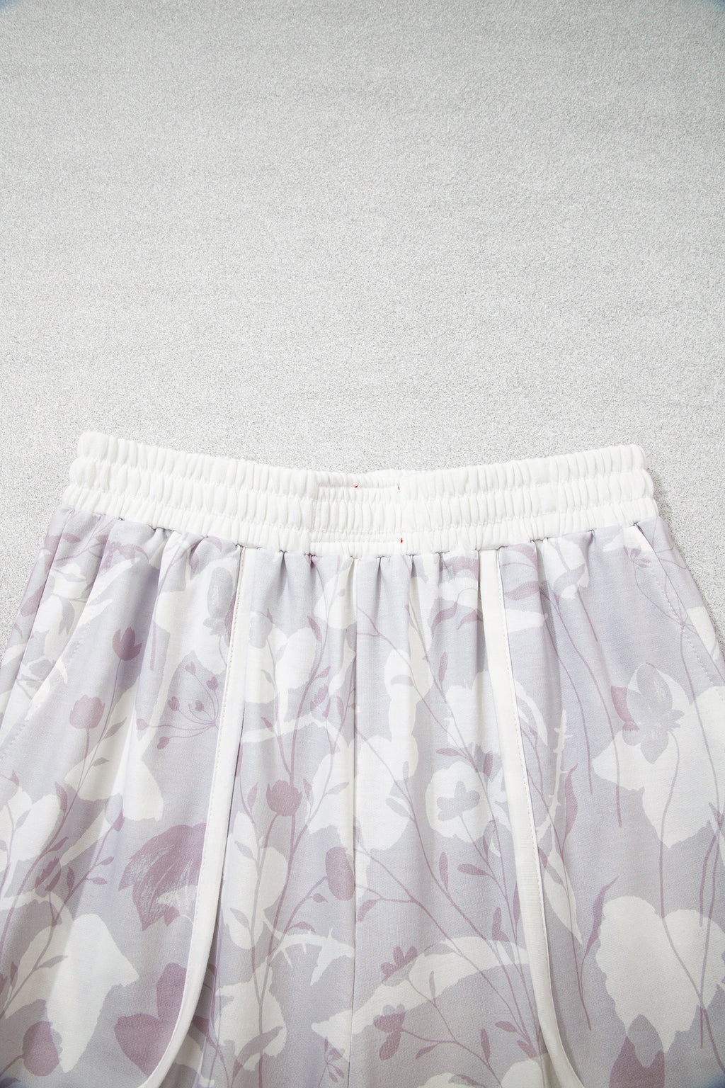 Gray Floral Print Wide Leg Ankle-Length Elastic Waistband Pants