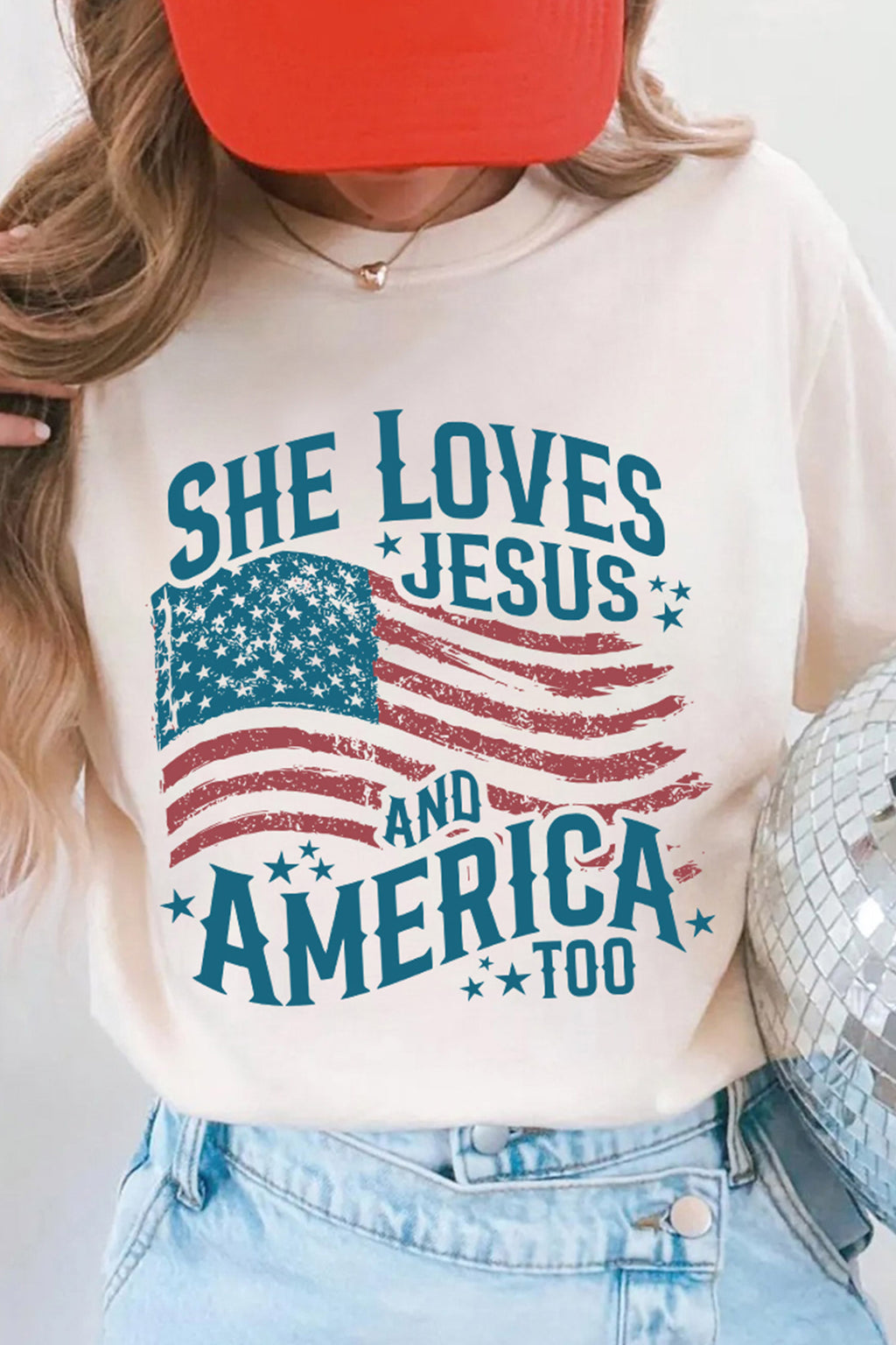 White She Loves Jesus and America Flag Graphic Tee