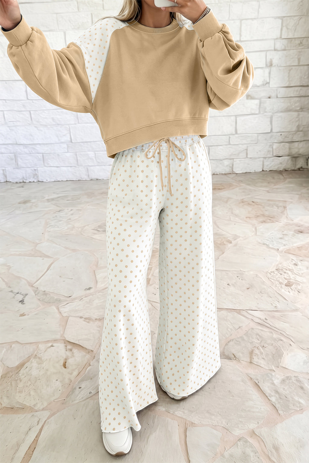 Light Blue Polka Dot Patchwork Colorblock Long Sleeve Casual Two Piece Pants Set