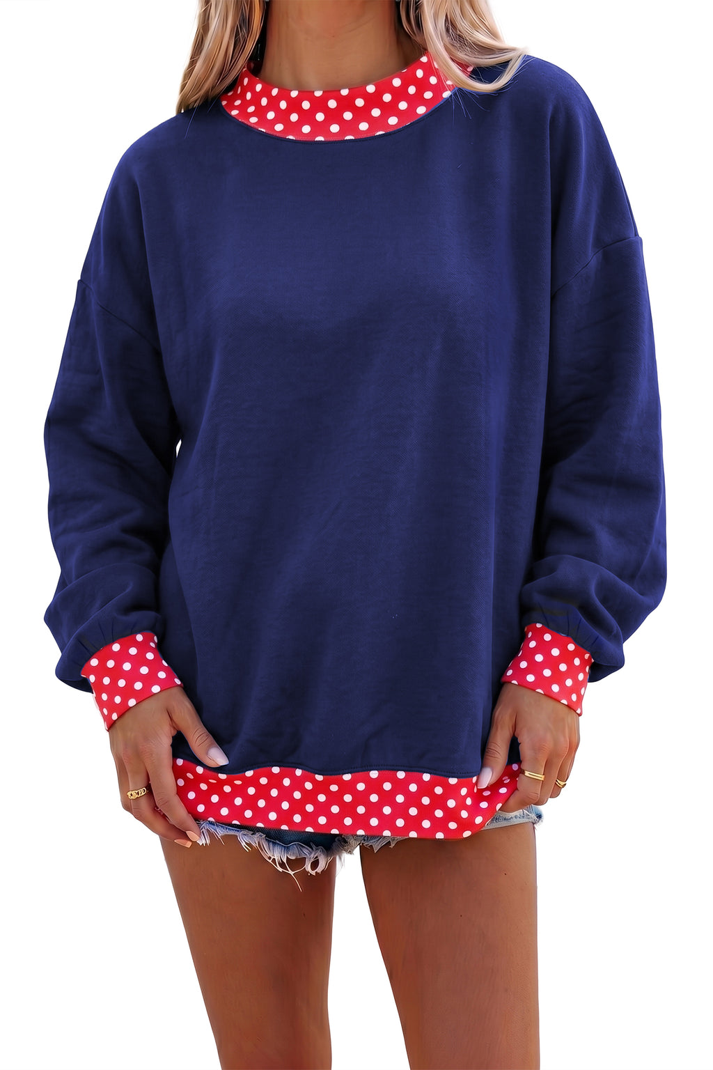 Red Colorblock Polka Dot Contrast Trim Oversized Sweatshirt