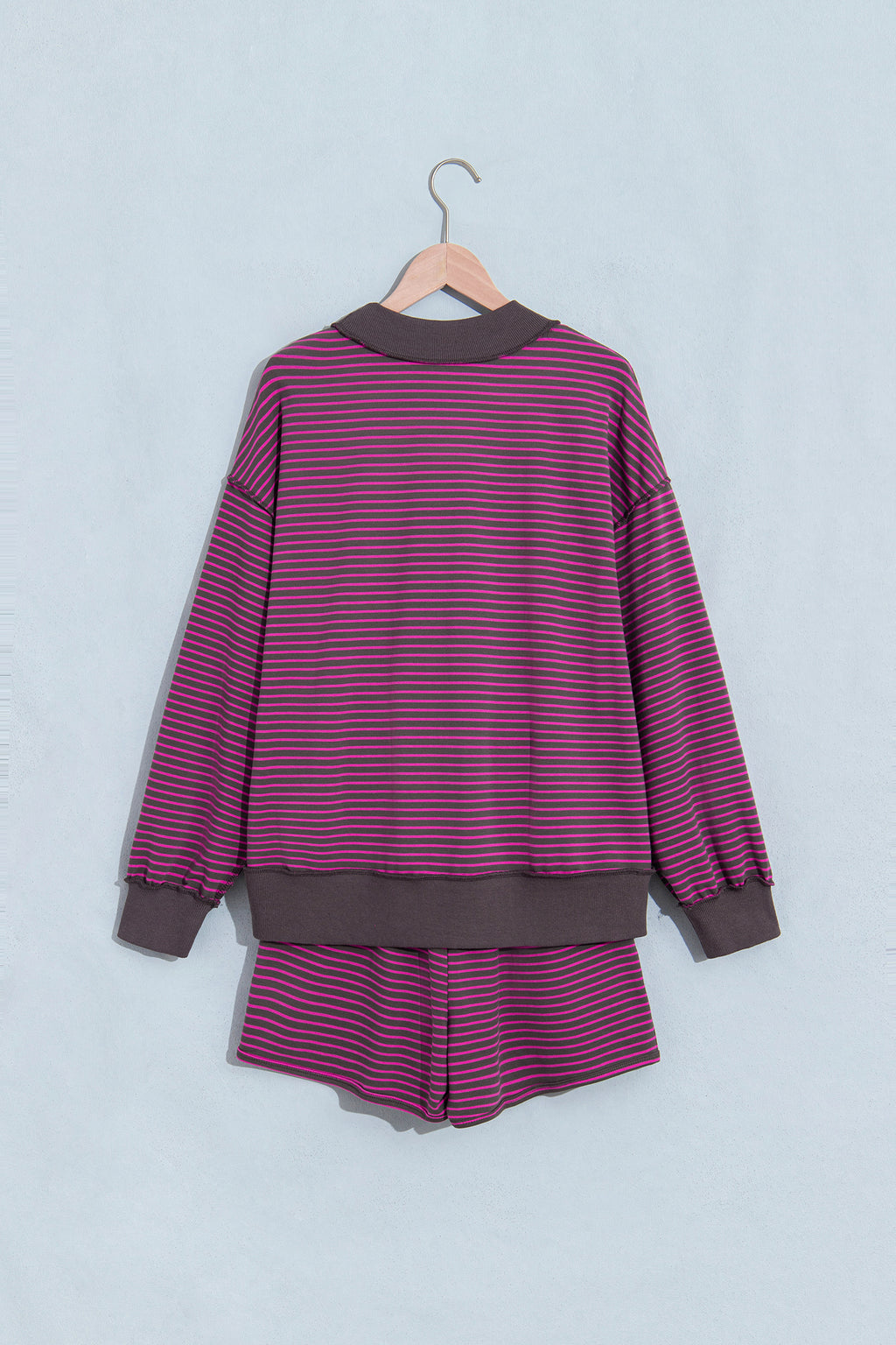 Pink Stripe Ribbed Patchwork Mock Neck Baggy Pullover Matching Shorts Set