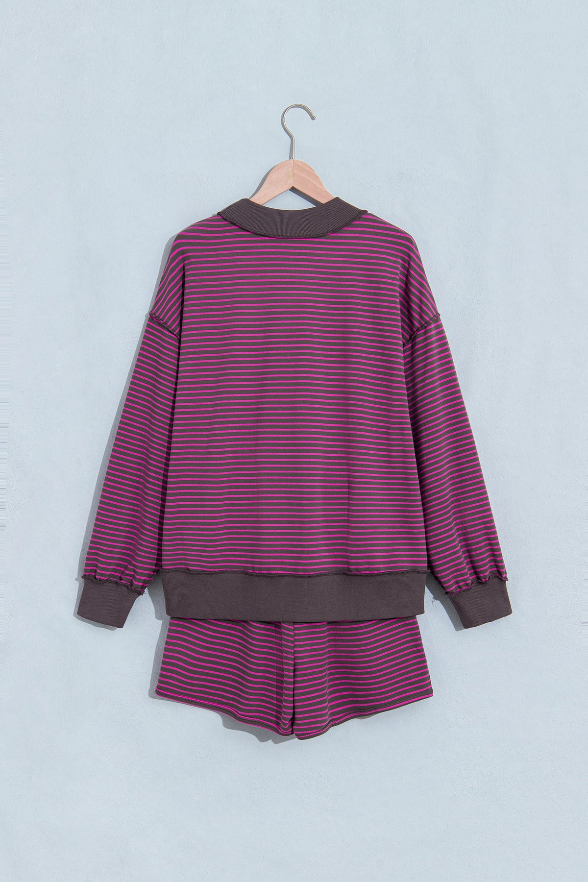 Pink Stripe Ribbed Patchwork Mock Neck Baggy Pullover Matching Shorts Set